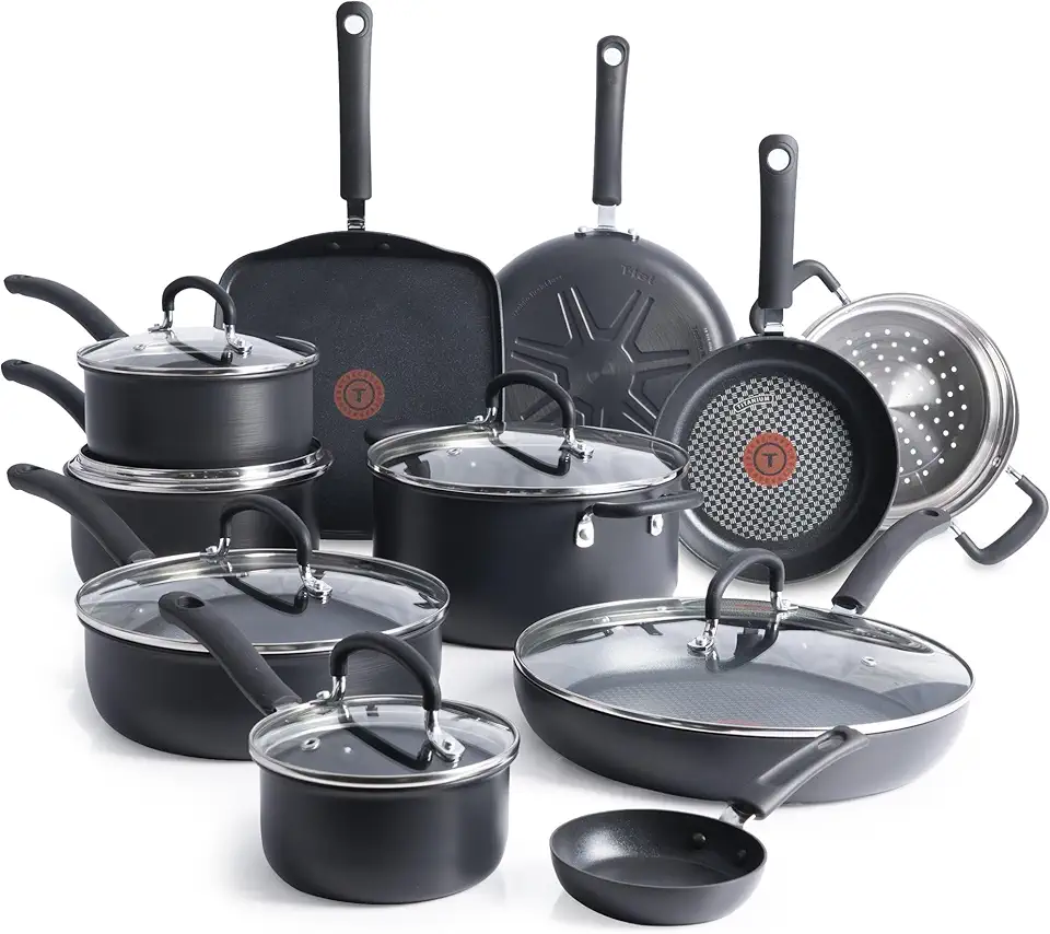 T-Fal Ultimate Hard Anodized Nonstick Cookware Set 17 Piece, Nonstick Pots and Pans Set with Fry Pan, Saucepans, Saute-Pan, Griddle, Dishwasher Safe, Black