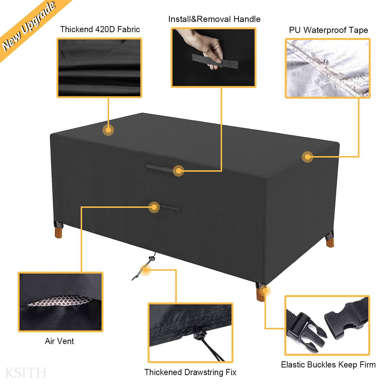 Copertura impermeabile per mobili da giardino con 4 fibbie antivento in tessuto Oxford 420D, resistente, per tavolo, sedia, divano, esterno, nero, 308 x 138 x 89 cm