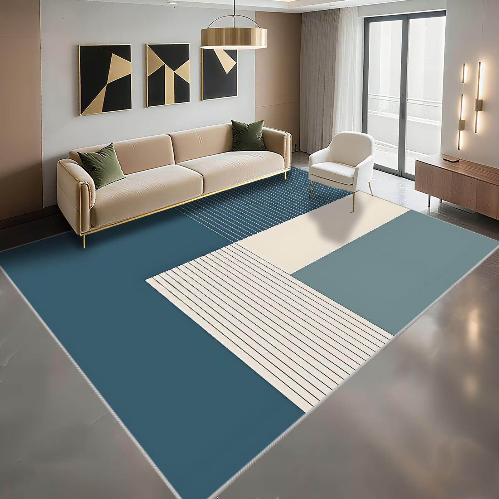 Tapis chambre fille bleu beige 160x200cm lavable moderne