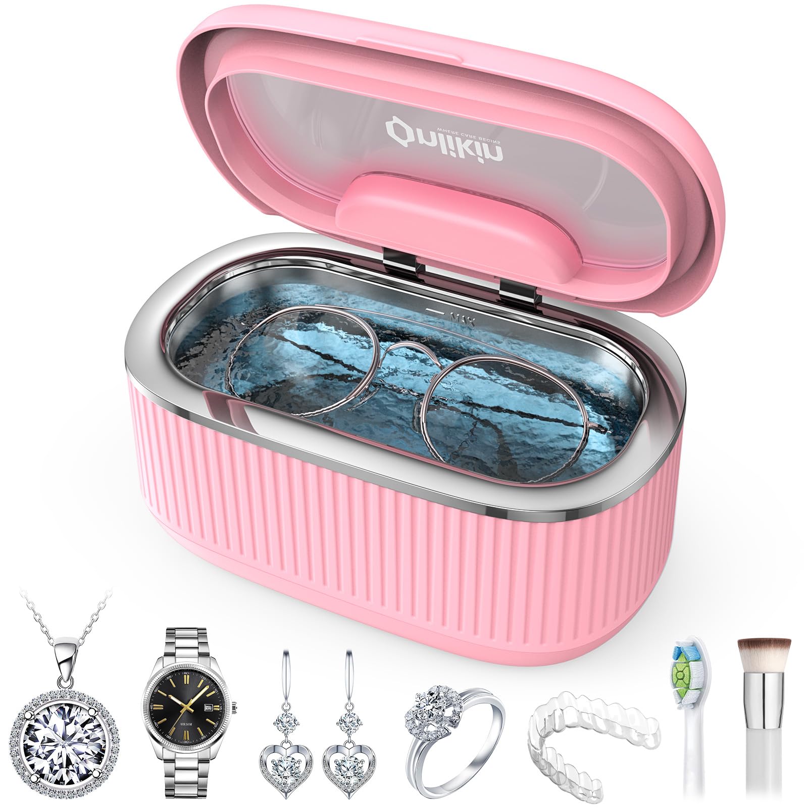 35W Ultrasonic Jewelry Cleaner, 45KHz Retainer Cleaner for Jewelry, 5 Timer &amp; 3 Power Modes, Eyeglasses, Rings, Watch Strap, Dentures - 20oz, 304 Stainless Steel Tank, Quiet <38dB (Pink)