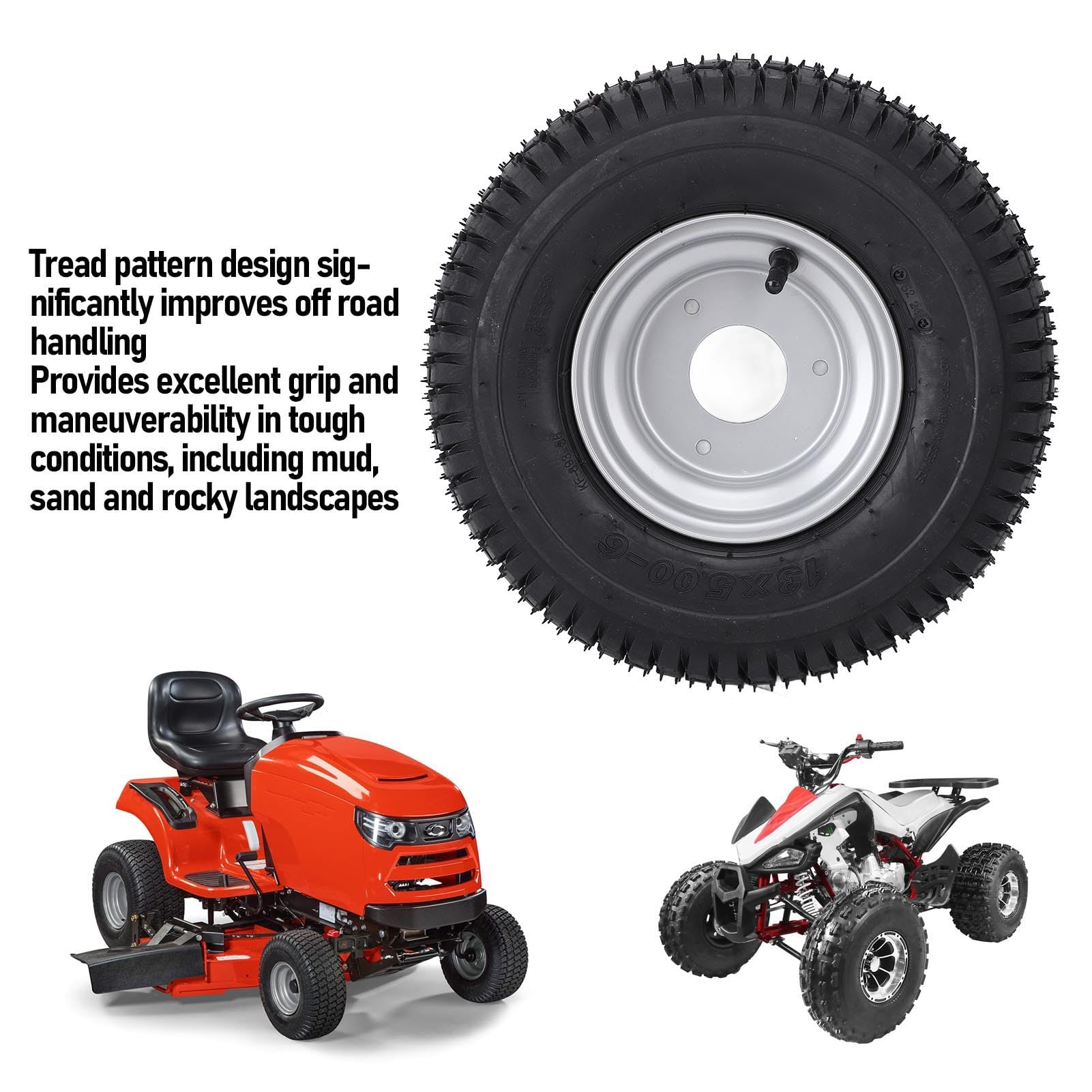 Luocute Neumático ATV de 6 Pulgadas, Neumático de Vacío 13x5.00-6 para Cortacésped del Césped de Bicicleta ATV Quad Off Road GO Kart, Llanta de 13/5.00-6 Rueda con Llanta de 6 Pulgadas,