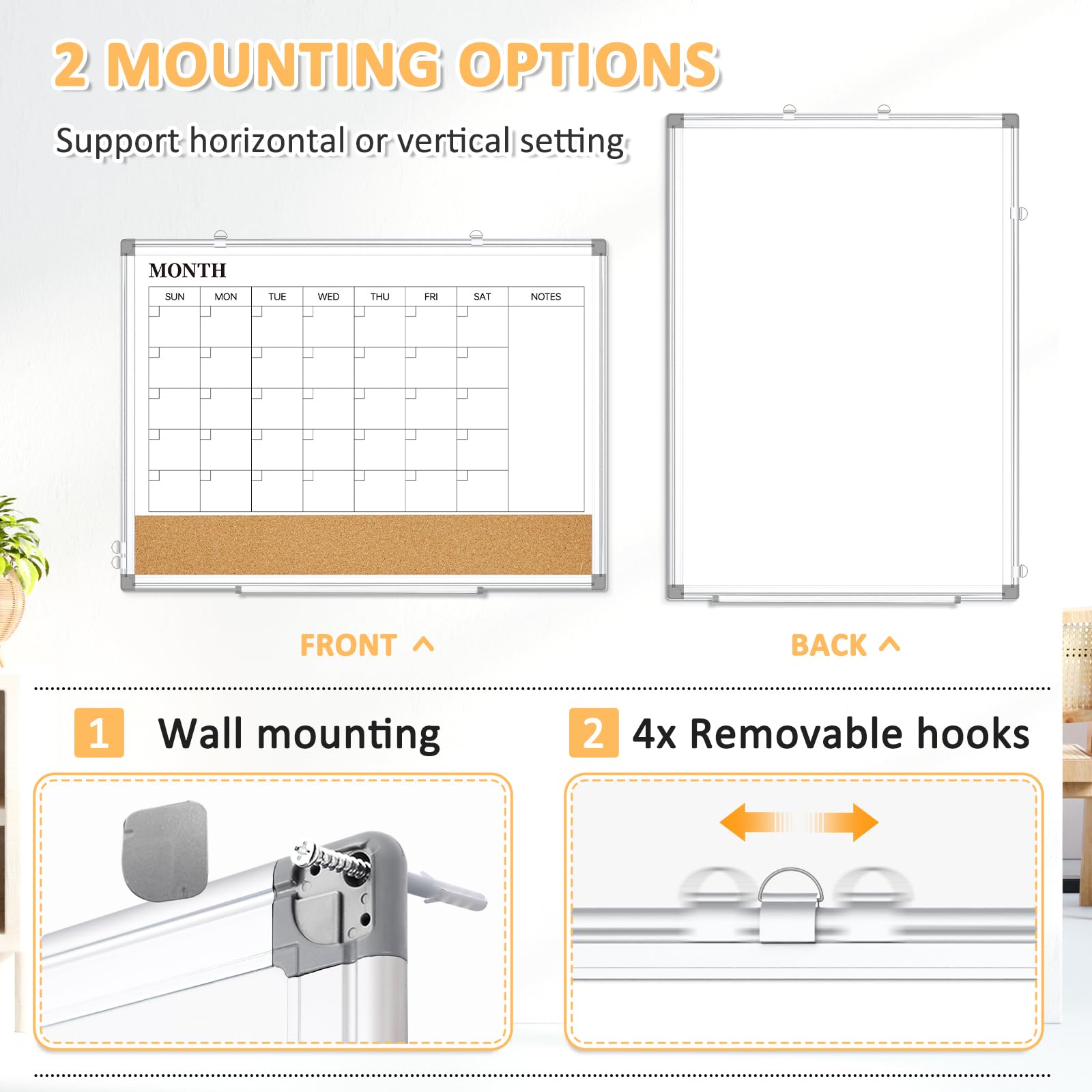 Dry Erase Calendar Whiteboard for Wall, 24"x18" Magnetic Monthly White Board Cork Board Combo, Double Sided, Aluminum Frame, Wall Hanging Wipe Board for Home, Office, School, Dorm
