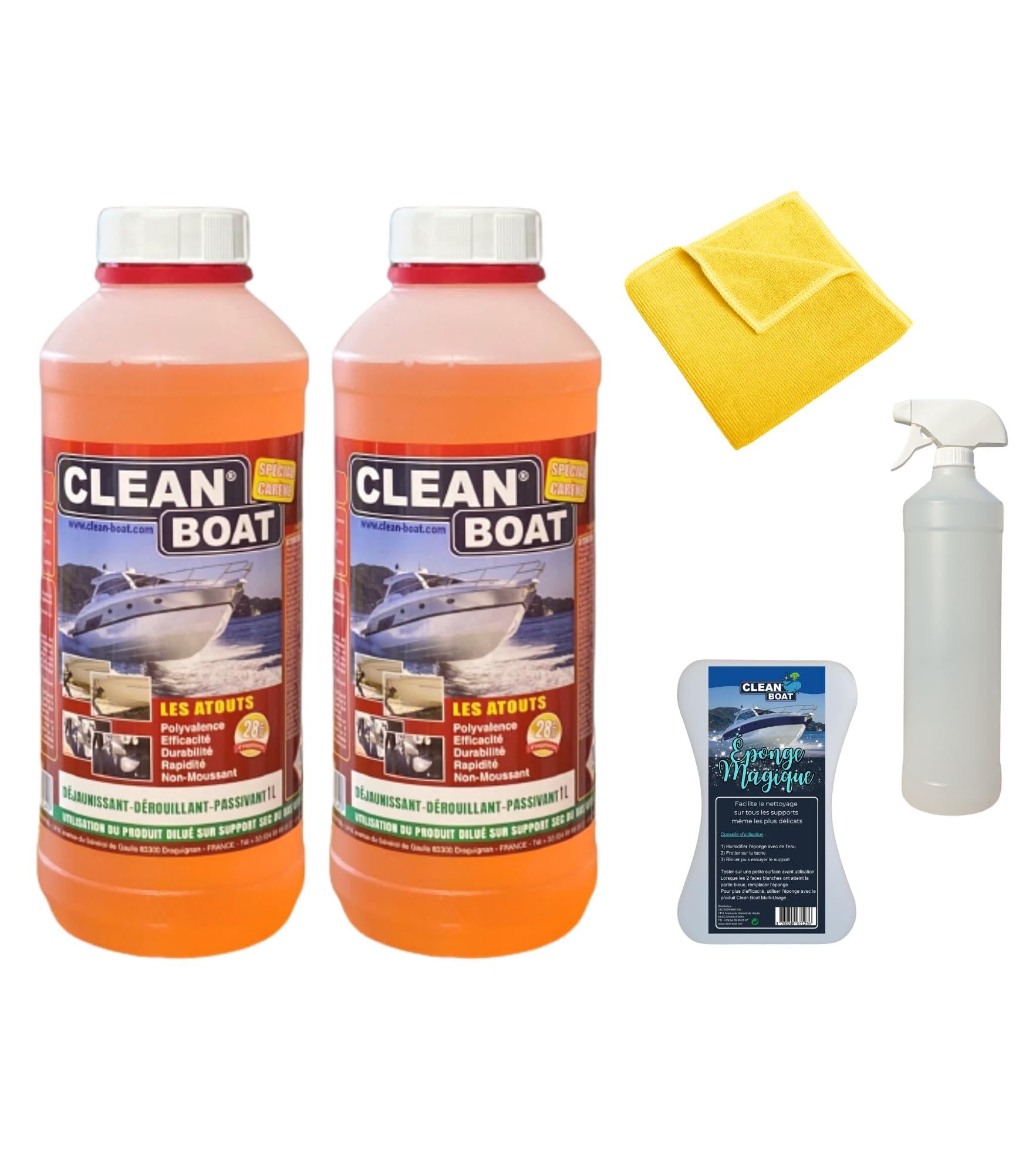 Kit de Nettoyage Spécial Carène, 2L | Éponge Magique, Vaporisateur, Chiffon Microfibre, Dérouillant Déjaunissant Passivant