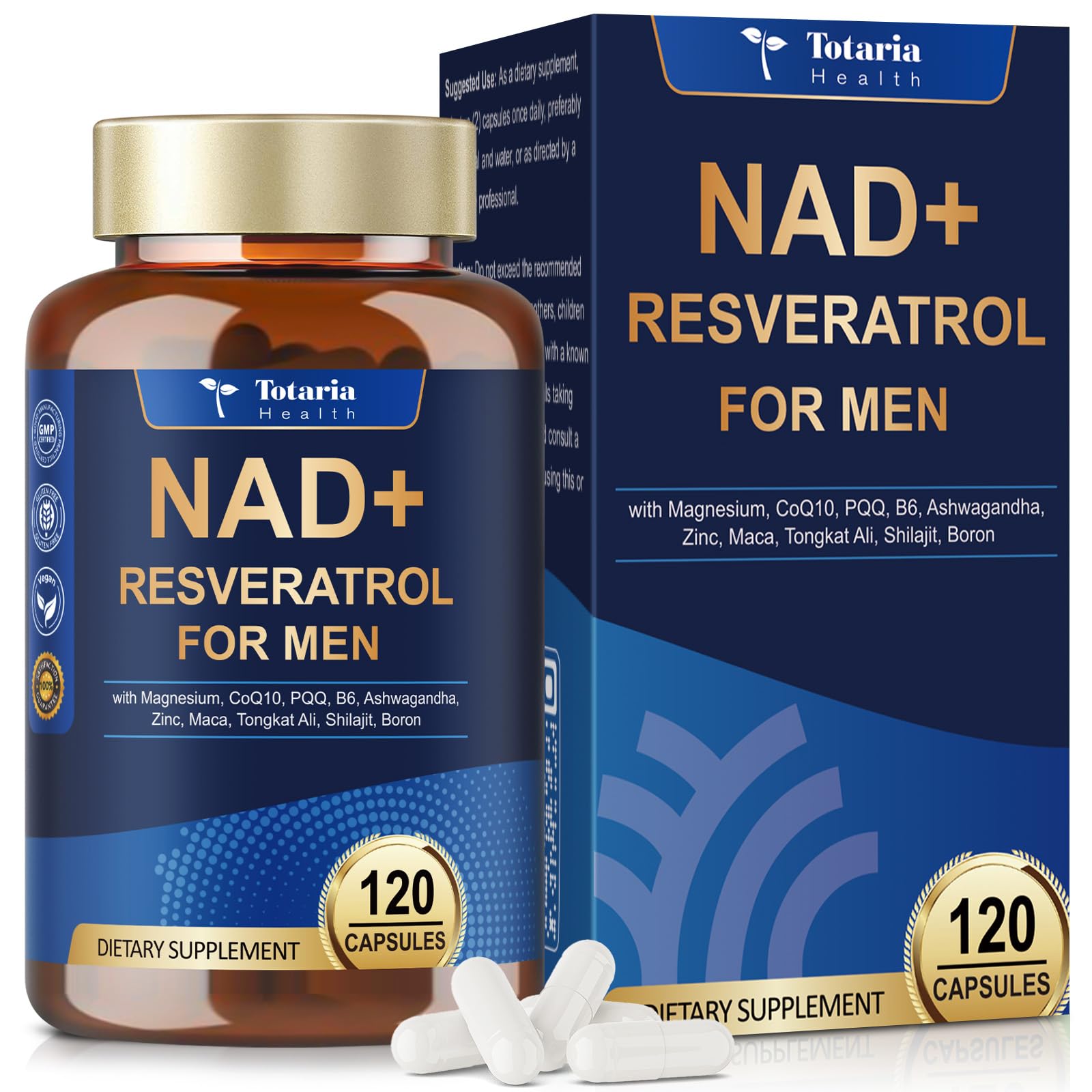 Totaria NAD+ Supplement for Men - NAD Trans-Resveratrol Supplement with CoQ10, PQQ, Magnesium,Ashwagandha – NMN & NMNH Alternative - Cell Energy & Vitality – 120 Capsules