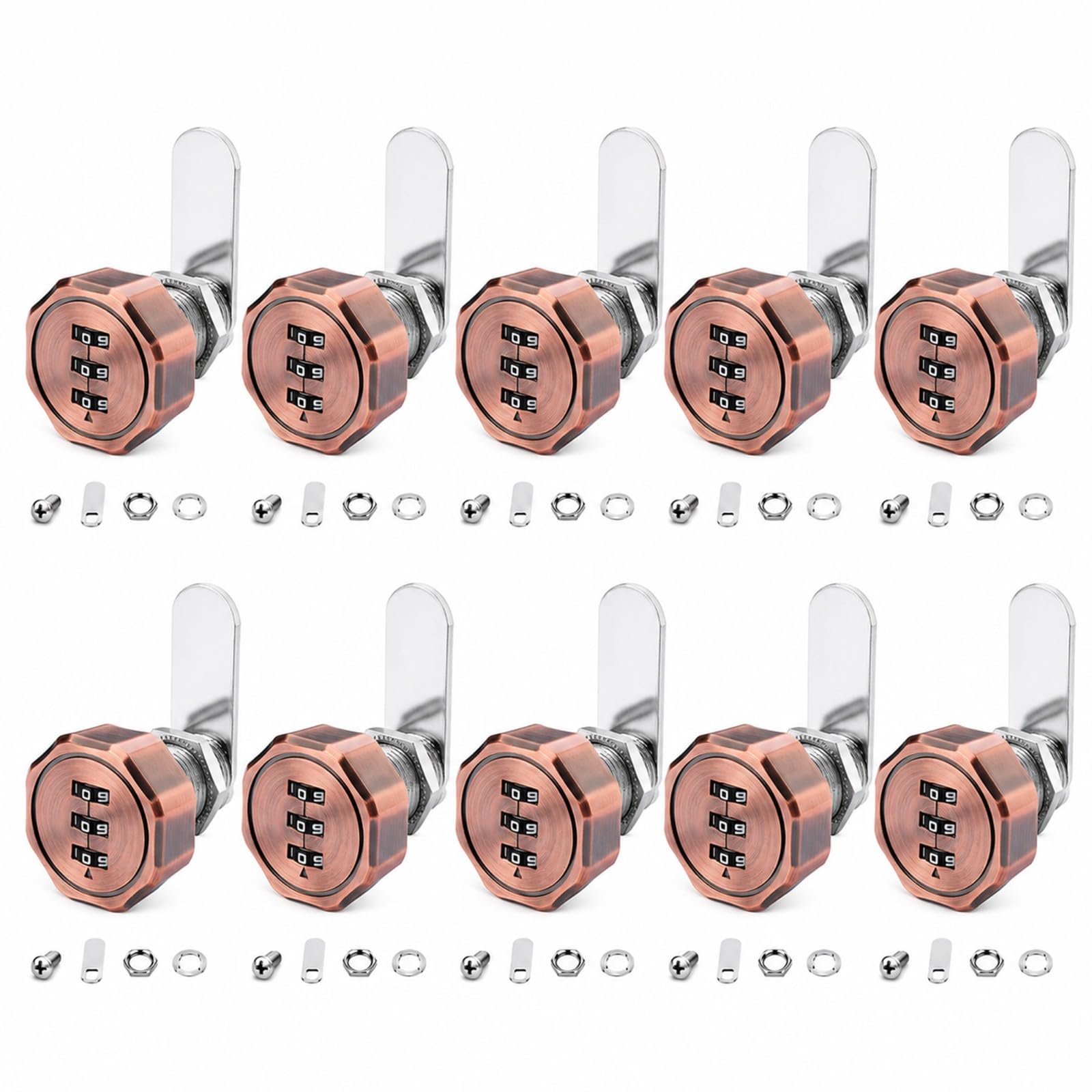 Serrure à combinaison, serrure sans clé à 3 chiffres, cylindre de 16 mm (5/8"), serrure de sécurité en métal pour tiroirs de classement et rangements de bureau(Antique Copper,10PCS)