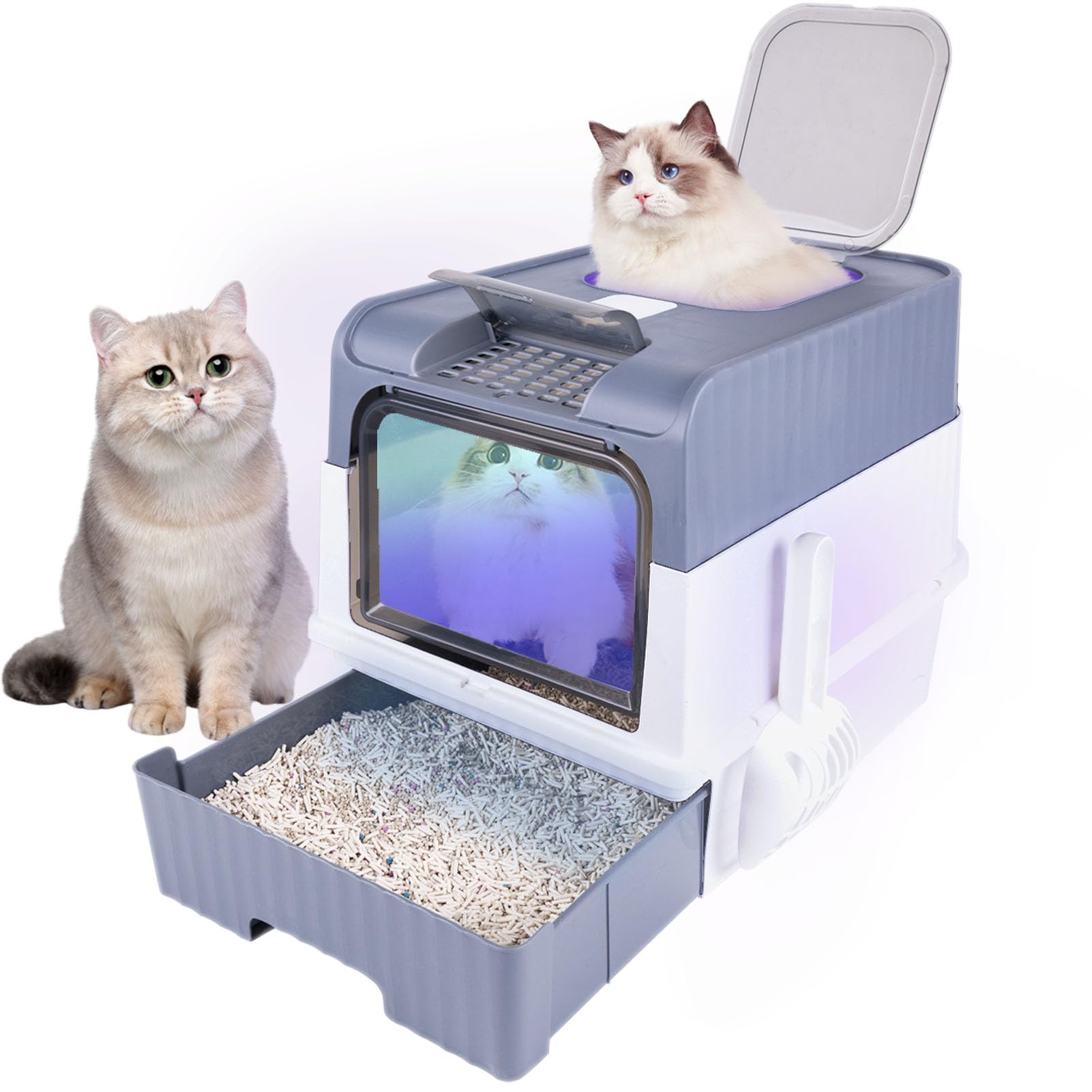 Cat Litter Box, Covered Litter Box with UV Light, Enclosed Cat Litter Boxes with Lid, Litter Scoop, Anti-Splashin Kitty Litter Box with Drawer, Front Entry Top Exit Cat Toilet for Cats