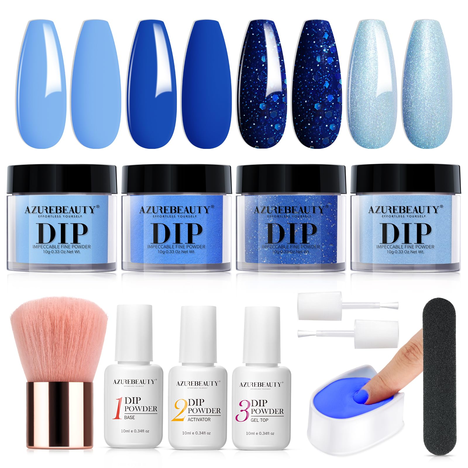 AZUREBEAUTY Dip Powder Nail Kit Starter, 4 Color Blue Dark Colors Set, French Nail Art Base Top Coat Activator Essential Liquid Manicure DIY Salon 12 PCS