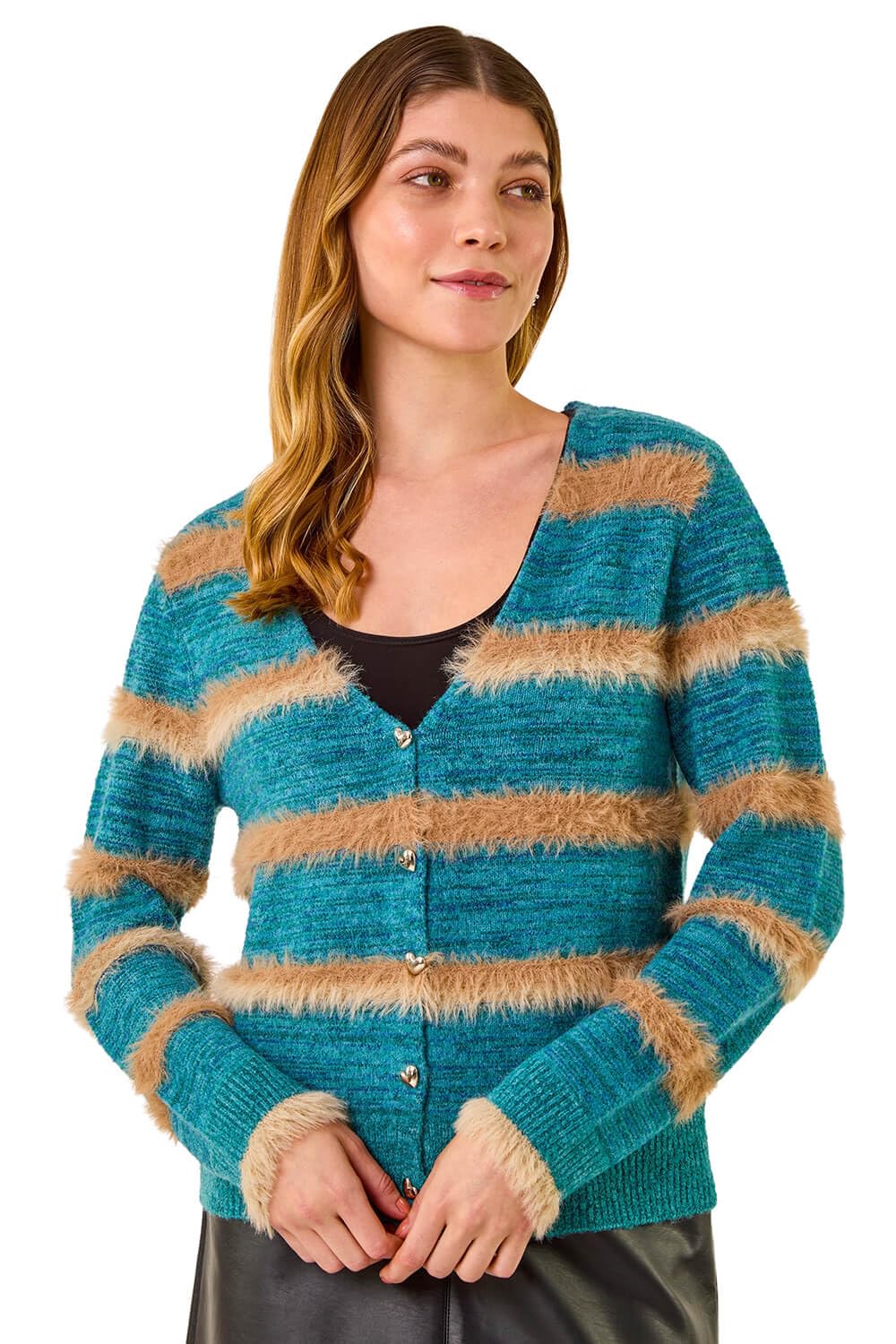 Roman Women's Teal Fluffy Stripe Knit Cardigan Size 16