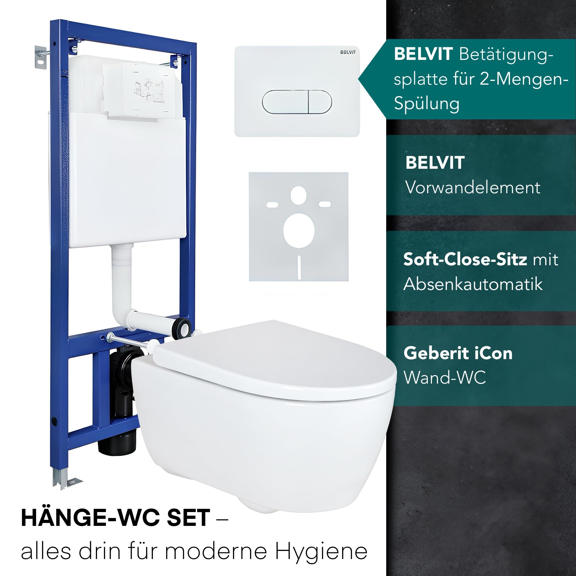 Belvit Geberit iCon Rimfree - Juego completo de inodoro de pared con asiento termoestable Belvit premontado, placa de accionamiento de 2 cantidades, insonorización, estructura de acero estable, color