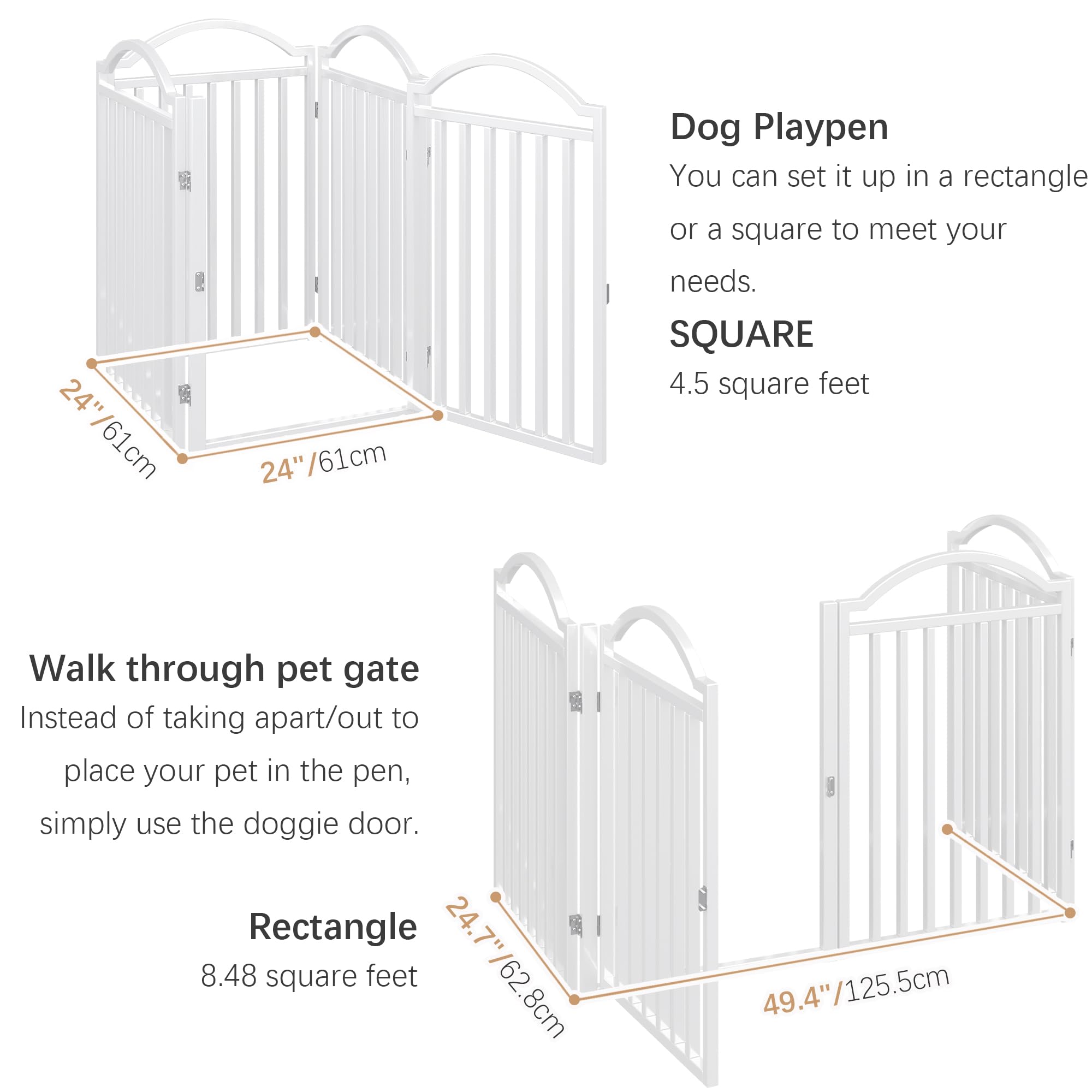 BHG Freistehendes Hundegitter aus Metall, ohne Montage, mit Tür, extra breit, 243,8 cm, extra hoch, 81,3 cm, Akkordeon-Welpen-Laufstall, Hundezaun für drinnen und draußen, mit 2 Stützen, Weiß