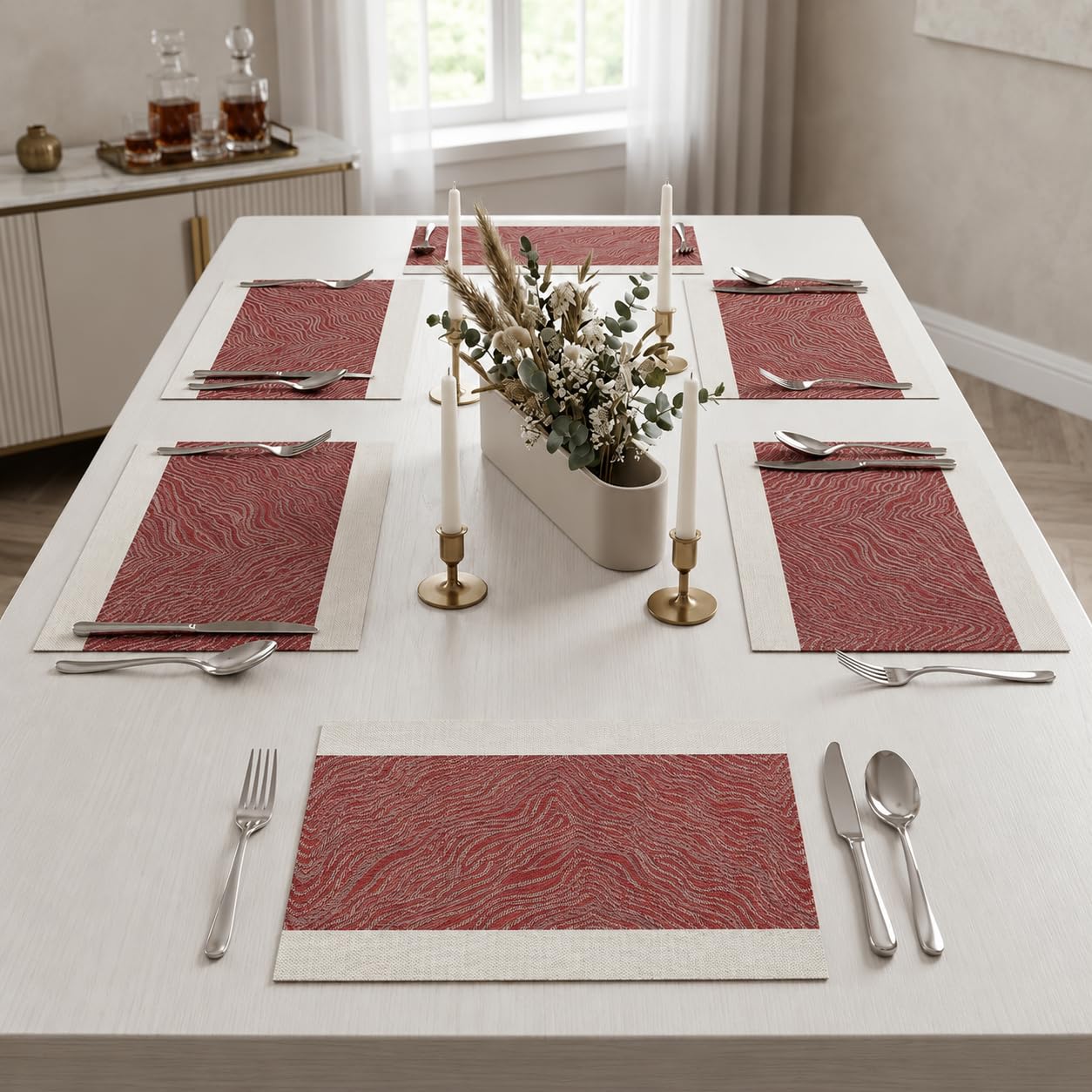 daiDokoro Rectangular Crossweave Woven PVC Vinyl Non-Slip Insulation Heat-Resistant & Waterproof Stain Resistant Washable Placemat for Dining & Kitchen Table-(Berry Red, Set of 6)