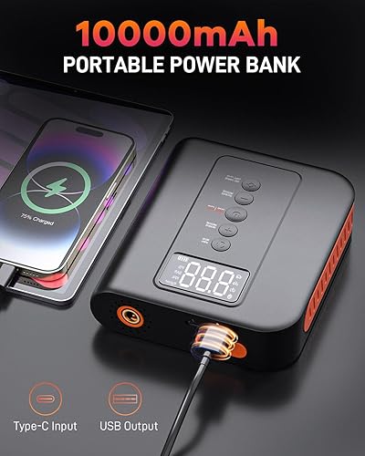 Miniatura 5 de Arrancador de batería de 2000 A para automóvil, paquete de energía portátil de 10000 mAh con compresor de aire, inflotador de neumáticos de 150 PSI,