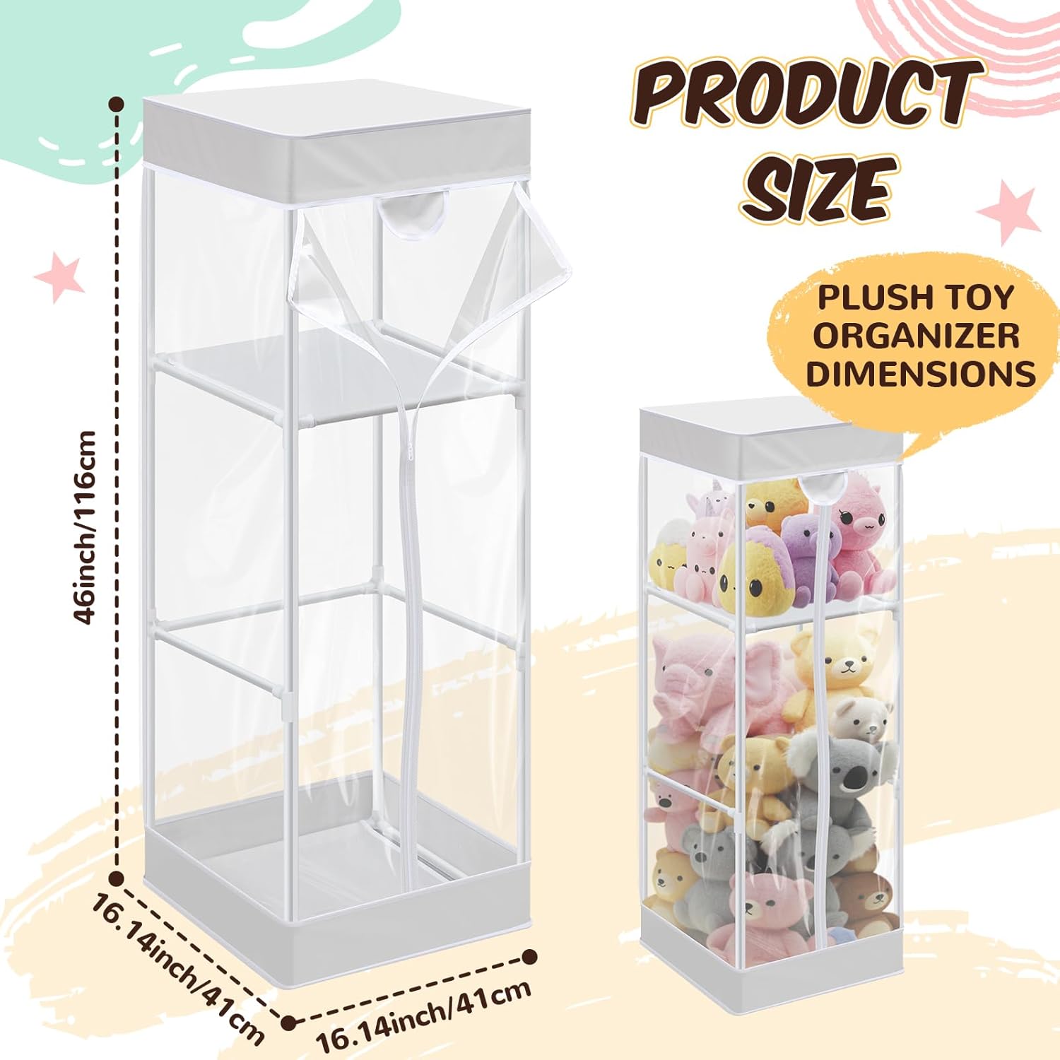 2-tier Plush Toy Stuffed Animal Storage Organizer with Zippered Large Stuffed Toy Holder PVC Waterproof Dustproof Cover 47. 2 Inch Stuff Animal Organizer Holder for Nursery (White)