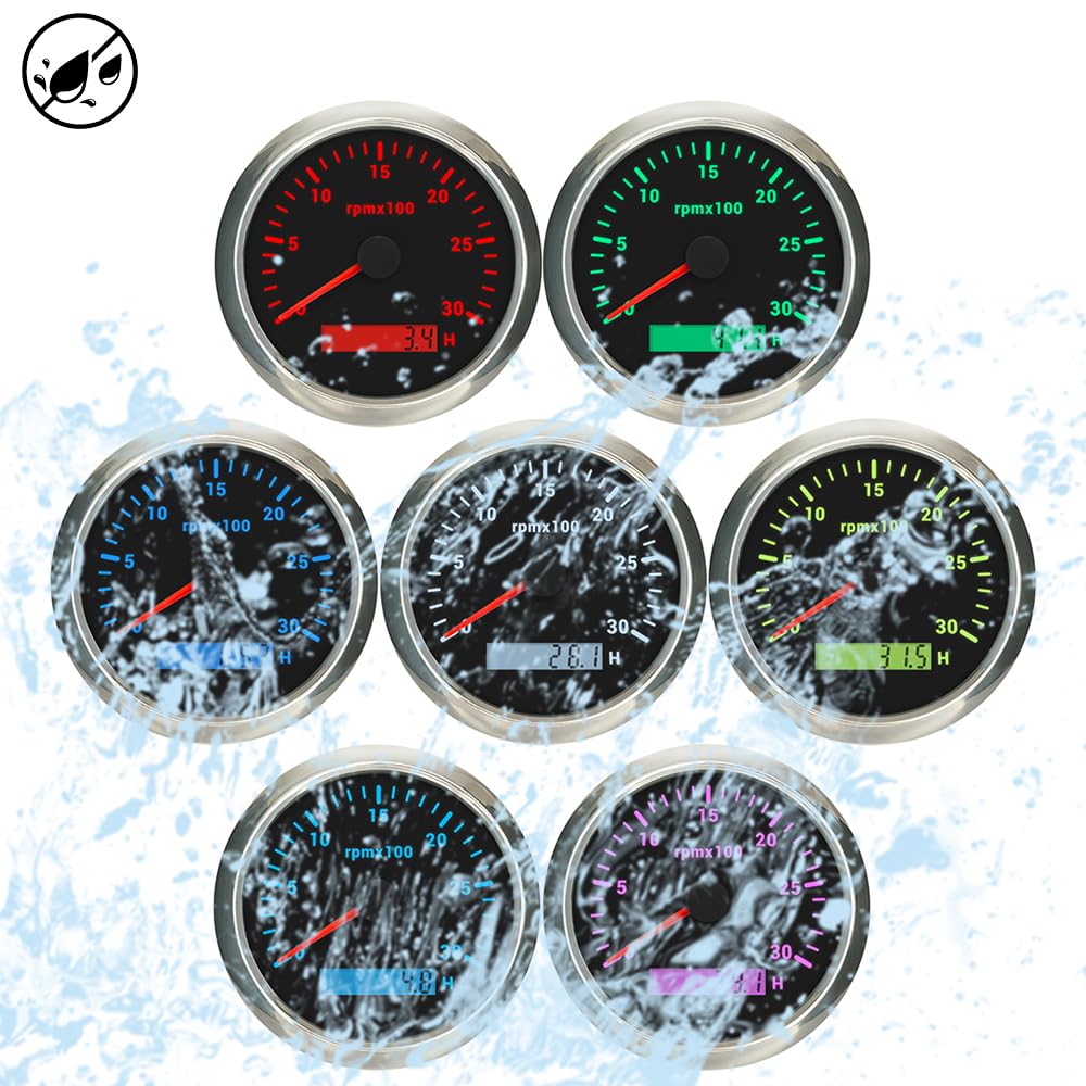 85mm Diesel Engine 24V Tachometer 3K RPM Gauge Hourmeter with 7 Adjustable Backlights for Auto Car Marine Boat (Black&Silver, 0-3000RPM)