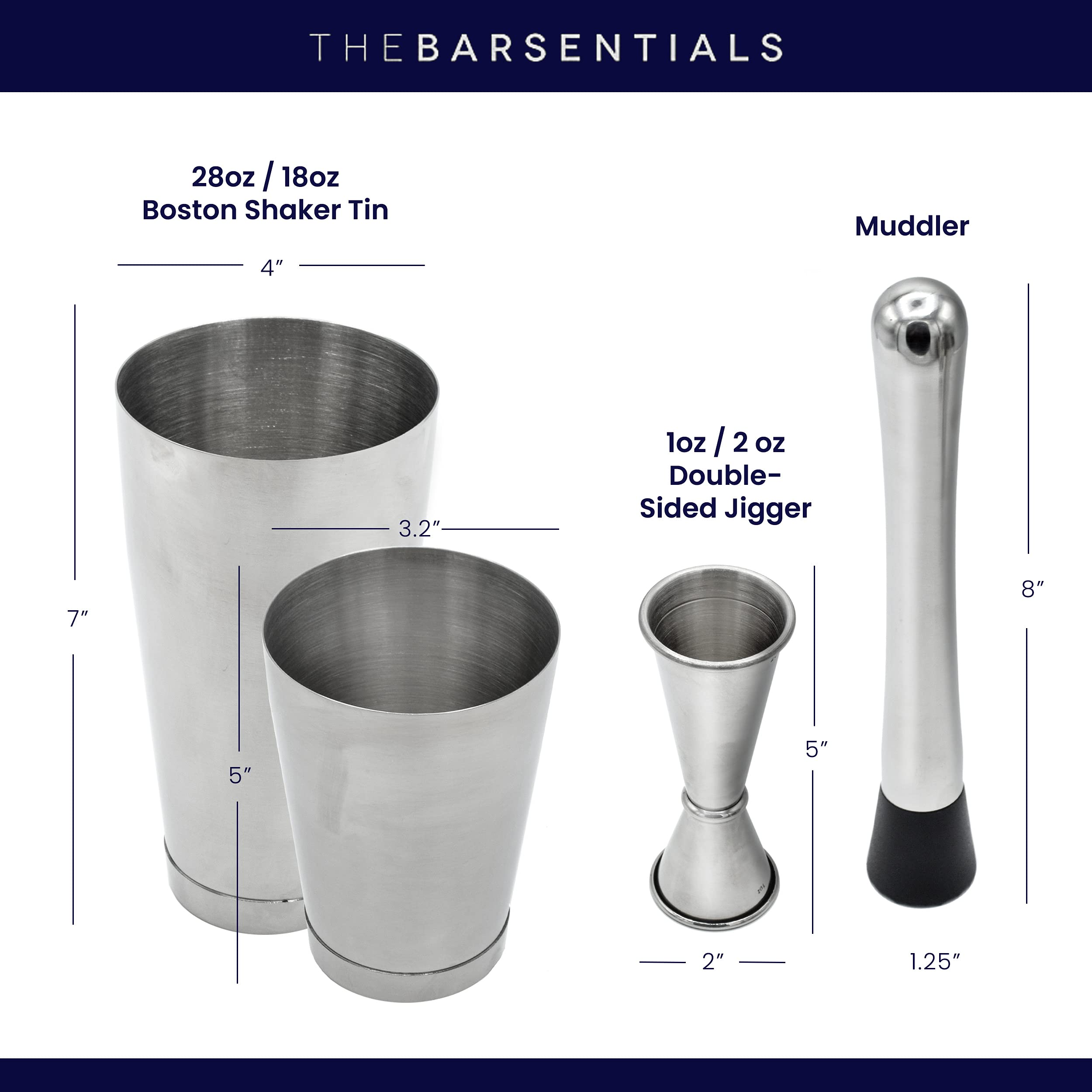 Boston - Juego de coctelera para cócteles con latas pesadas de 28 onzas y 18 onzas, Muddler profesional y Jigger - Herramientas de barra de acero inoxidable (juego de 4 piezas)