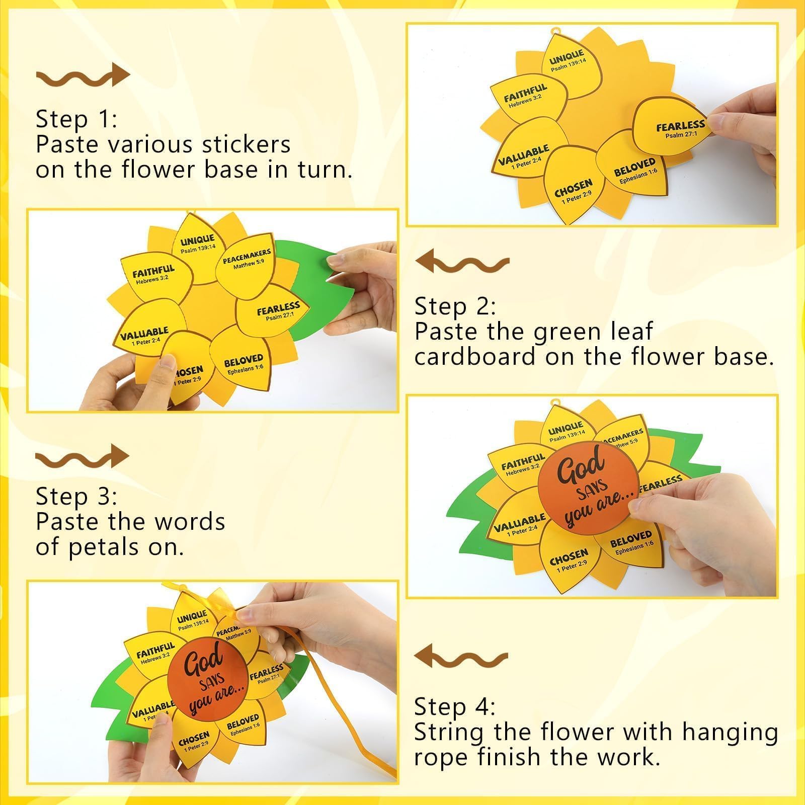 Qyeahkj 24 Set God Says You are Sunflower Craft Kit for Kids Sunday School Christian Crafts Sunflowers Cardboard with Religious Sticker Bible DIY Gift for VBS Home Decor Game Classroom Church Activity - Image 3