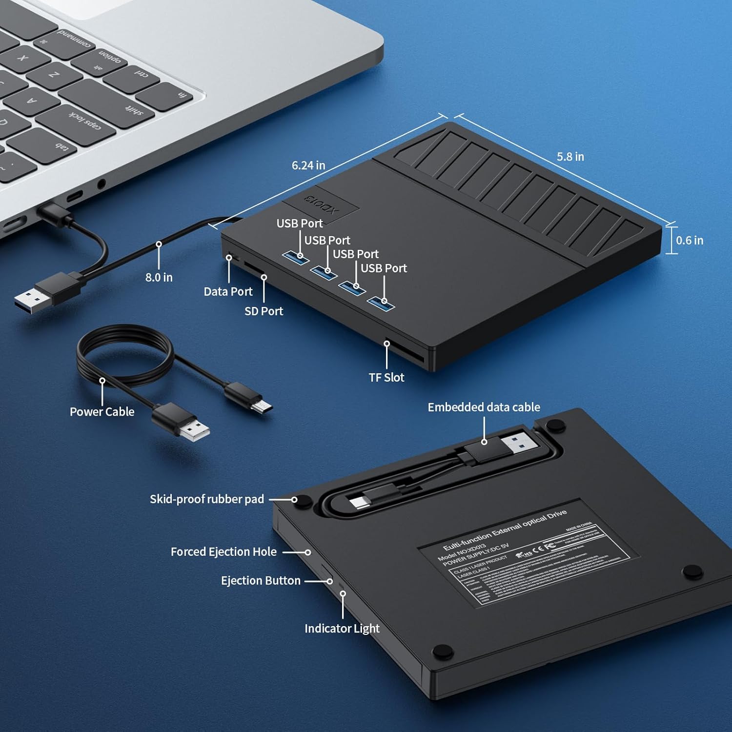 Diagram of the external CD/DVD drive with dimensions and port labels