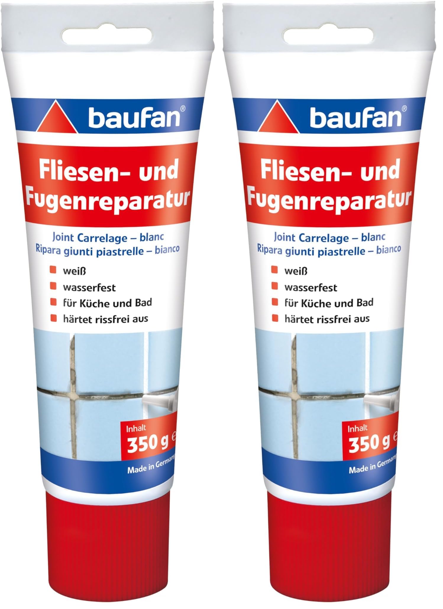 Baufan Fliesen- und Fugenreparatur Weiß 350g I Wasserfeste Spachtelmasse mit optimaler Haftung I Für Küche & Bad I Härtet rissefrei aus I Fugen-Mörtel (Packung mit 2)