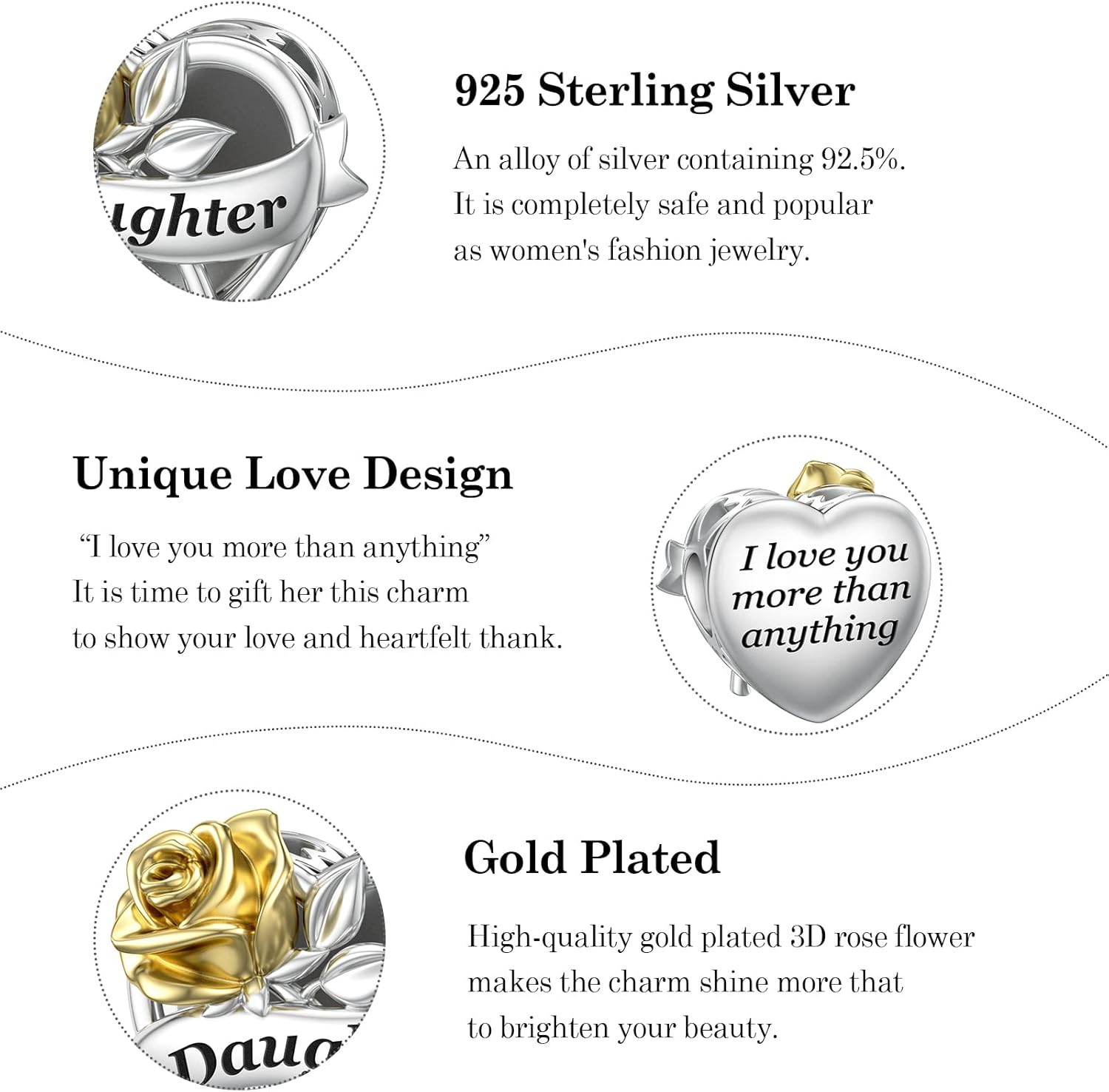 JIAYIQI Mom Grandma Daughter Wife Friend Sister Charm Fit Bracelet with Golden 3D Rose Flower Love Charm Valentines' Day Birthday Mother's Day Christmas Jewelry for Women - Image 4