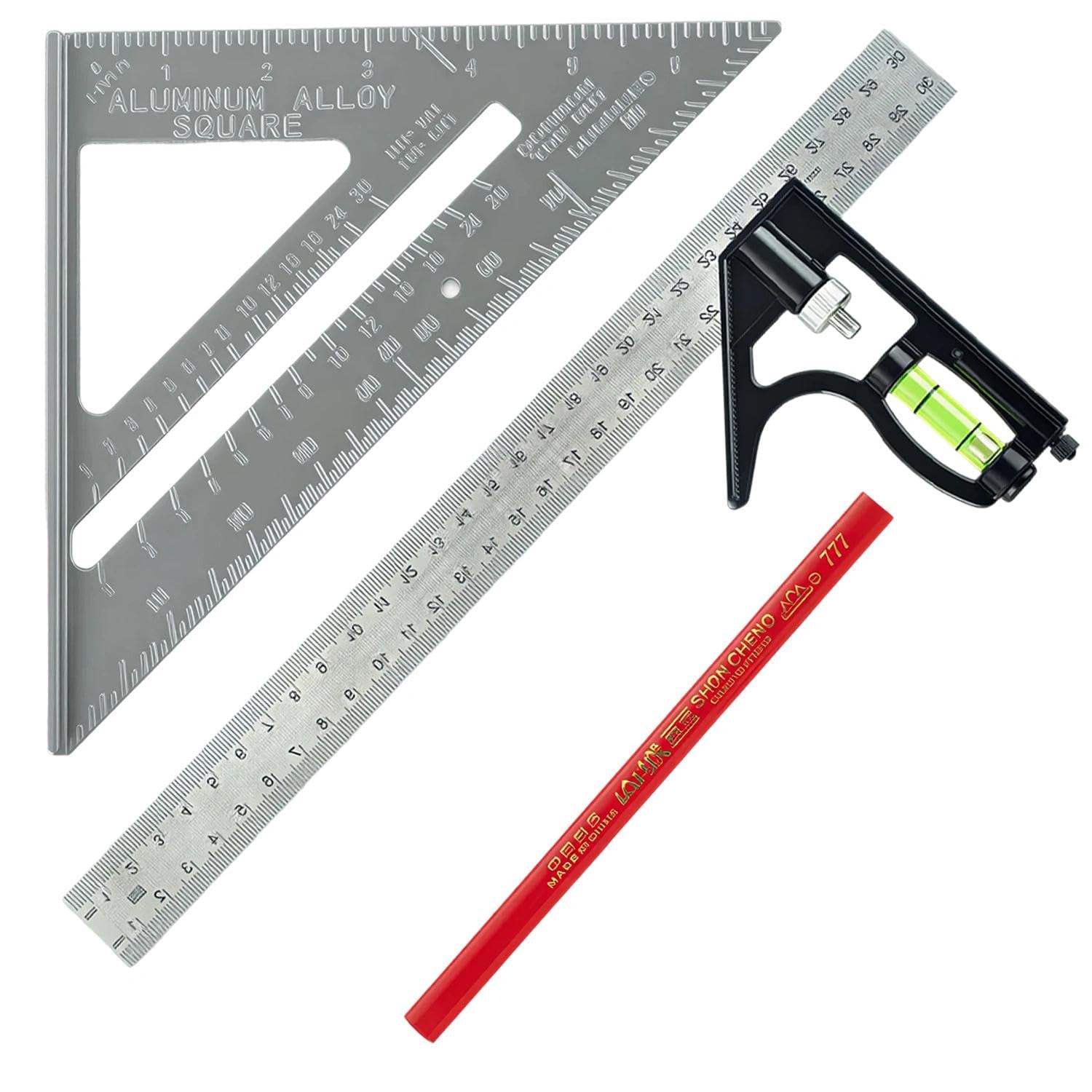 Set of 3 Carpenters Squares Combined with 300mm Scale, 45/90 Degree Ruler and Spirit Level, Speed Squares with Marker Pen,Carpenter Tools for