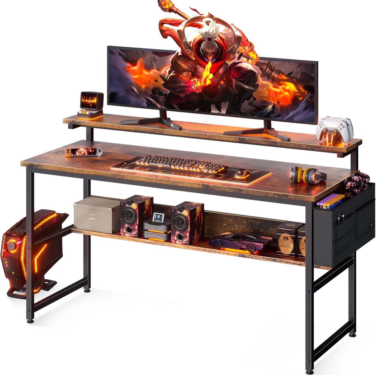 ODK 48 Inch Gaming Desk with Adjustable Monitor Stand (3.2", 4.3", 5.5"), Computer Desk for Small Spaces Home Office, Study Desk with Shelf, Modern Table Writing Desk, Vintage