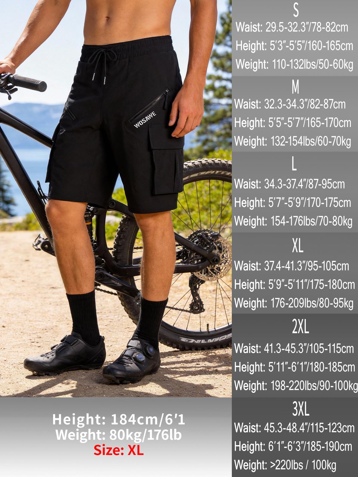 WOSAWE Męskie spodenki do roweru górskiego, workowate, 2 w 1, oddychające, wyściełane spodenki rowerowe 4D, do wędrówek, biegania, wyścigów, treningu, Czarny, M