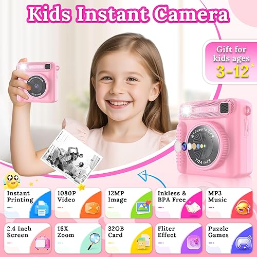 Miniatura 2 de Cámara de impresión instantánea para niños, regalo de Navidad y cumpleaños para niños y niñas de 3 a 12 años, juguete de cámara de video digital HD