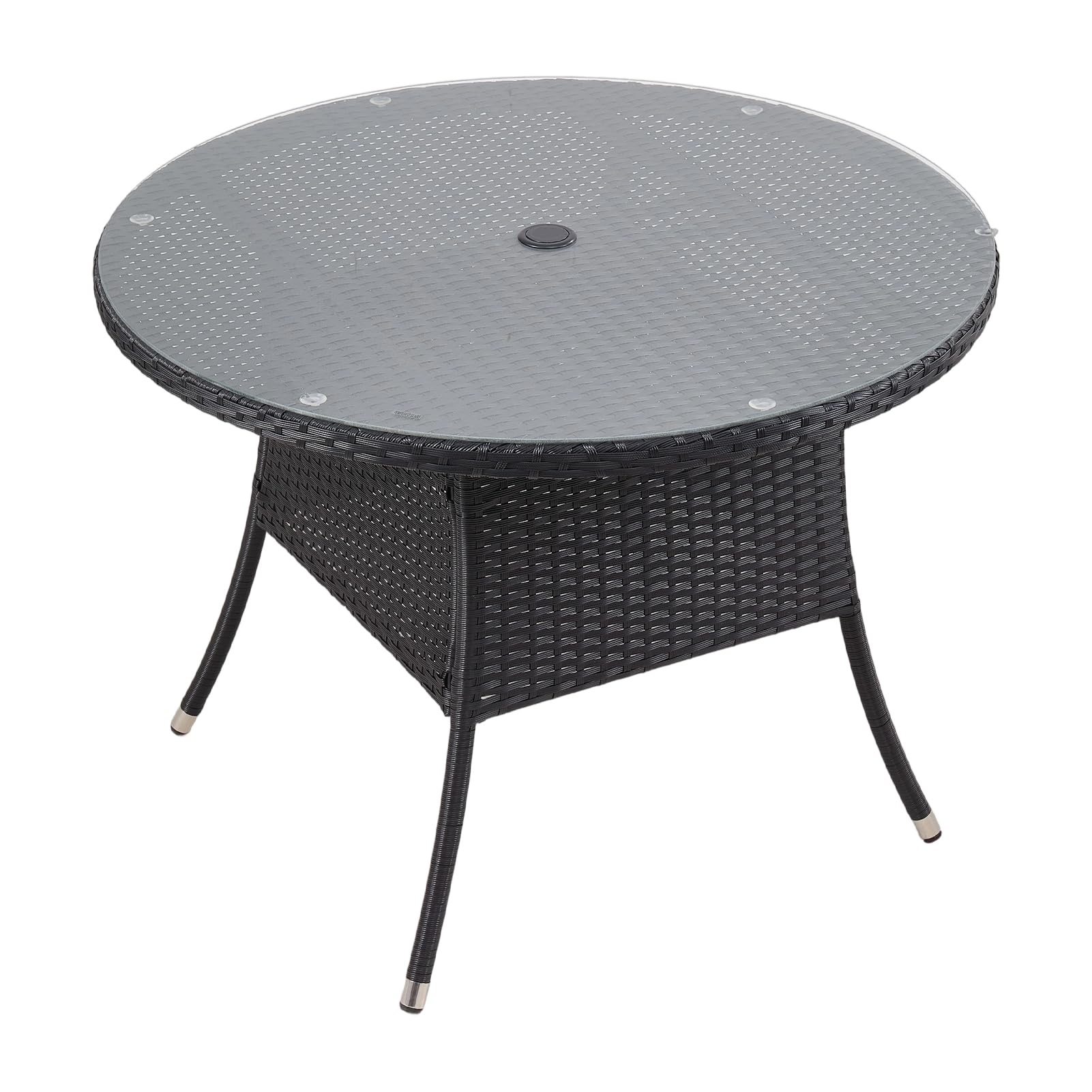 Warmiehomy Rattan Garden Table 100cm Round Outdoor Dining Table with Tempered Glass Tabletop Wicker Patio Tables with Parasol Hole Black Outdoor Side Tables — image 1