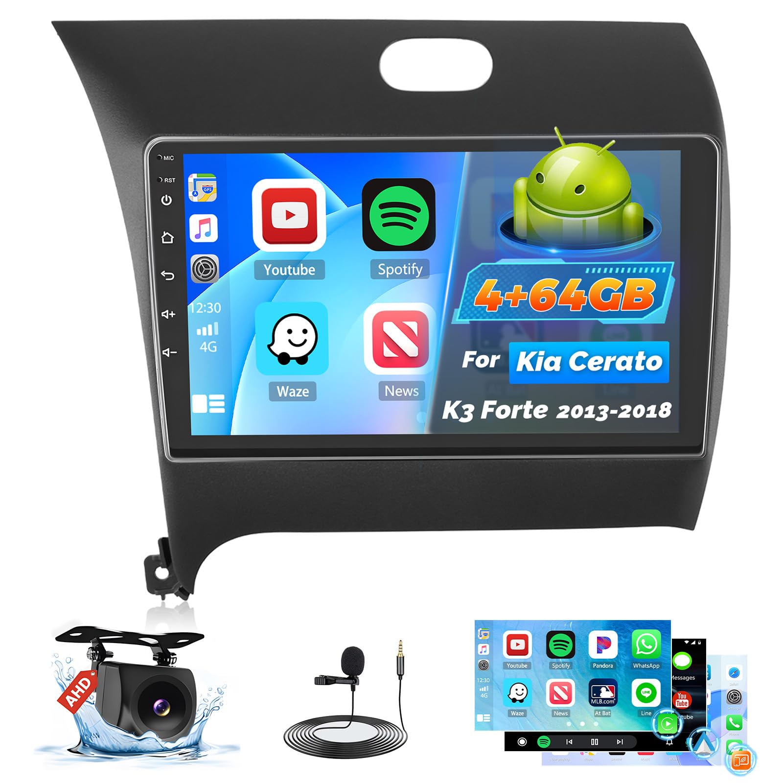 4+64G Radio for Kia Forte Cerato K3 2013-2018, 9 inch 1280 * 720 Touch Screen for Forte Car Stereo with Wireless Carplay/Android Auto/Bluetooth5.0/