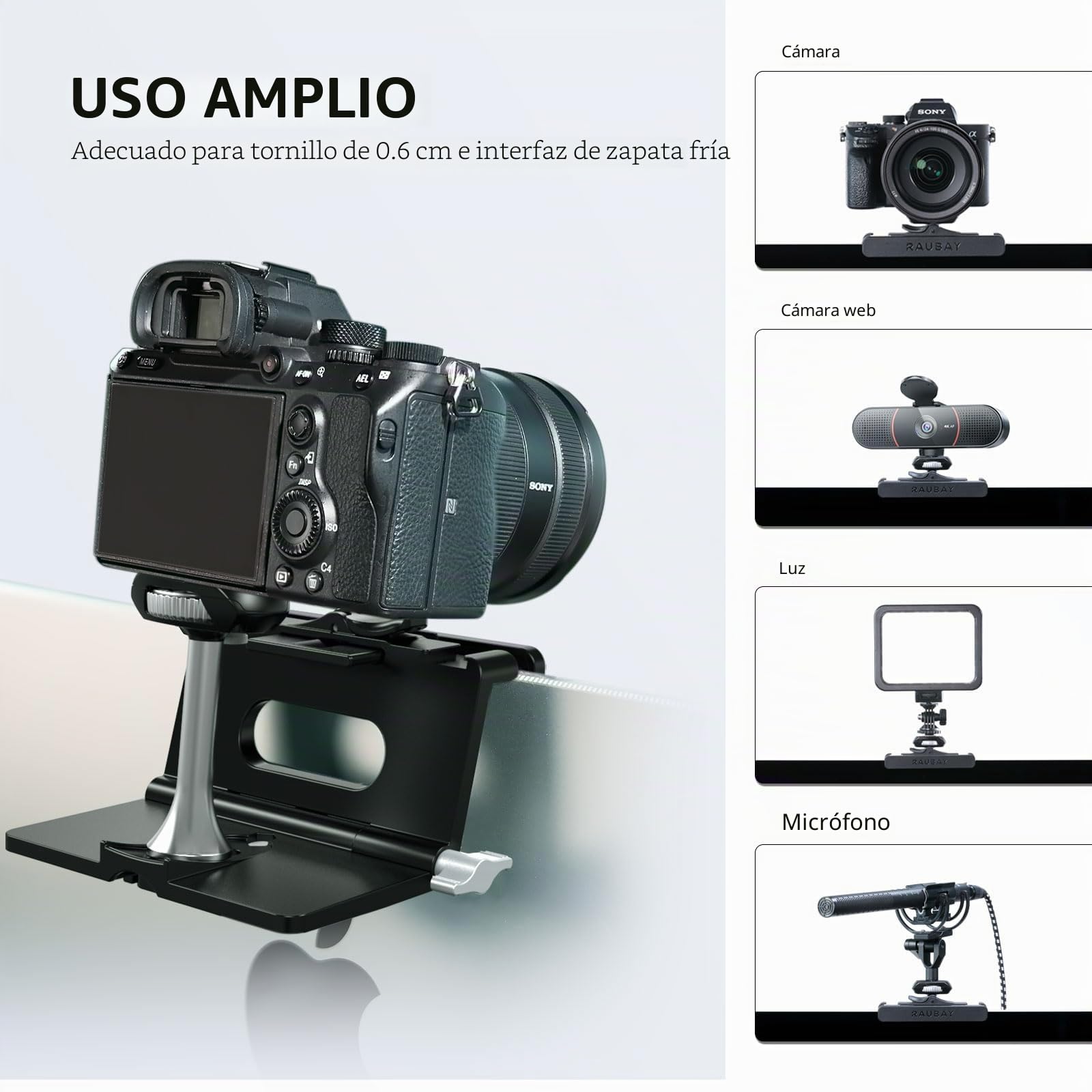 RAUBAY Soporte de Montaje para cámara de Monitor, Abrazadera Colgante para cámara Web con Tornillo de 1/4 Pulgadas, Soporte Superior para Monitor MILC para transmisión en Vivo, etc. Compatible con