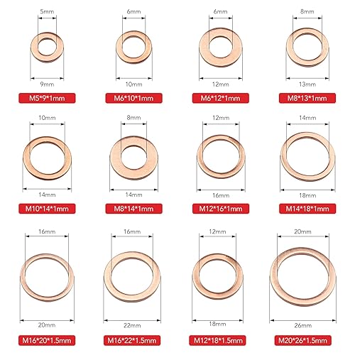 Miniatura 3 de AOKOLL 300 piezas de arandelas de trituración de cobre M5 M6 M8 M10 M12 M14 M16 M20 Kit surtido de arandelas planas de sellado (cobre)