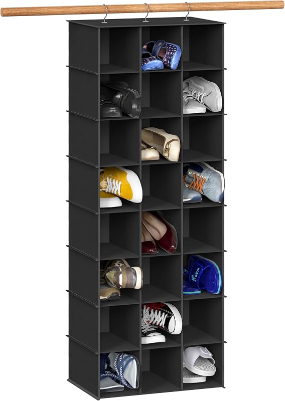 Organizador de zapatos colgantes con estantes de 24 secciones, negro | 3 ganchos de metal, 8 niveles, soporta hasta 24 libras