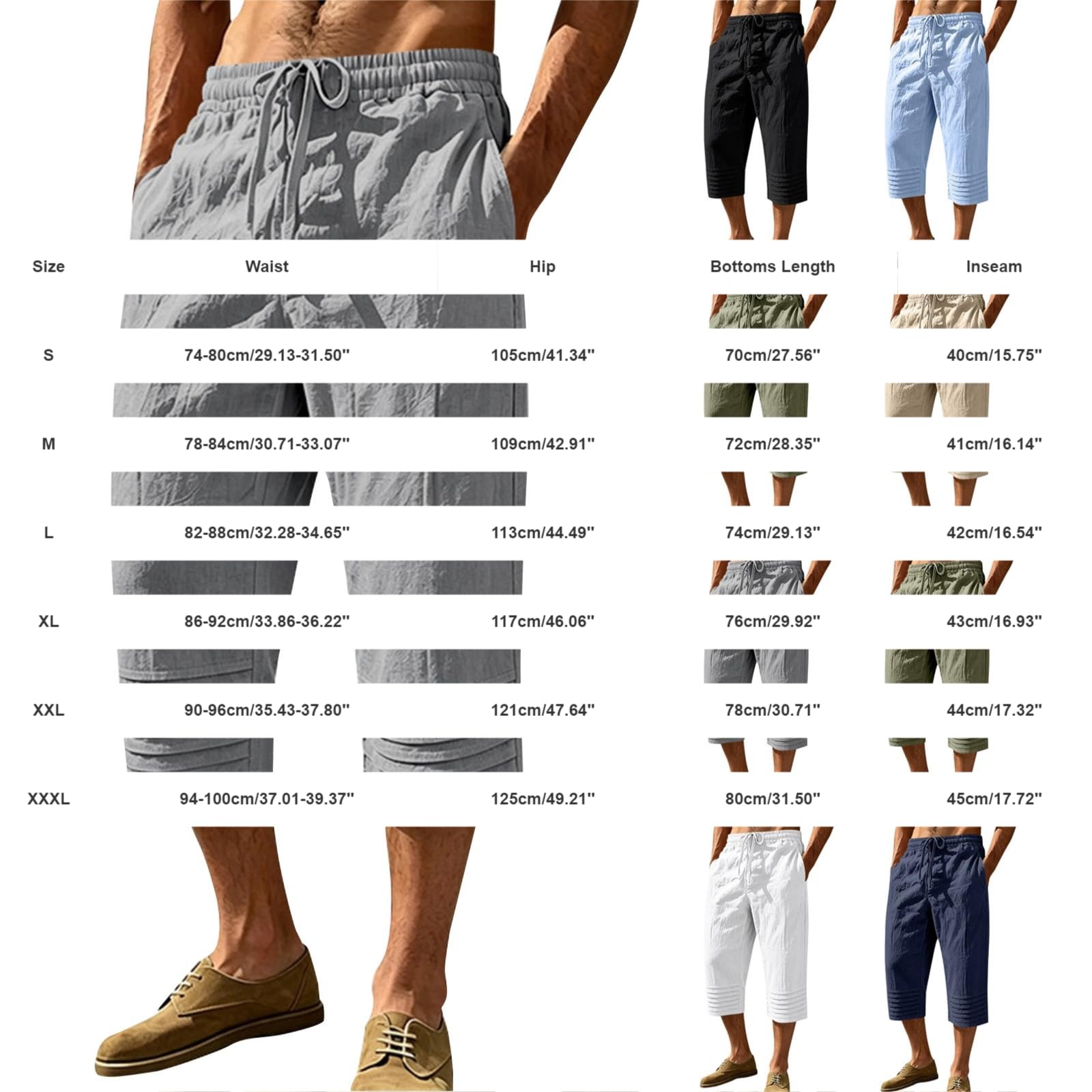 Pantaloni a tre quarti da uomo, in lino, estivi, vestibilità larga