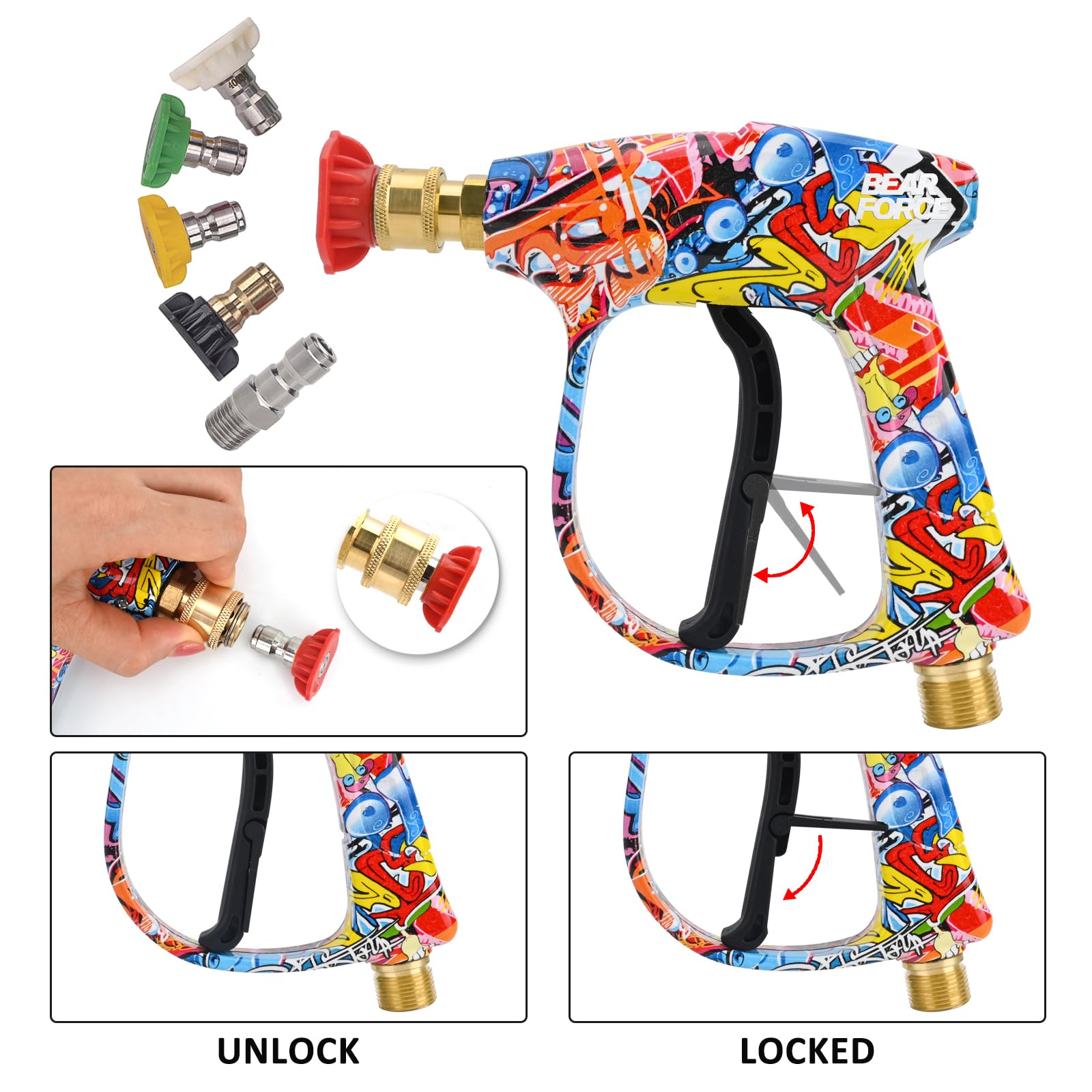 BEAR FORCE Pistola de pulverización para lavadora a presión, pistola corta con entrada M22 de 14 mm y pistola de espuma de cañón de espuma con 5 boquillas #035 y conector rápido de 3/8 pulgadas
