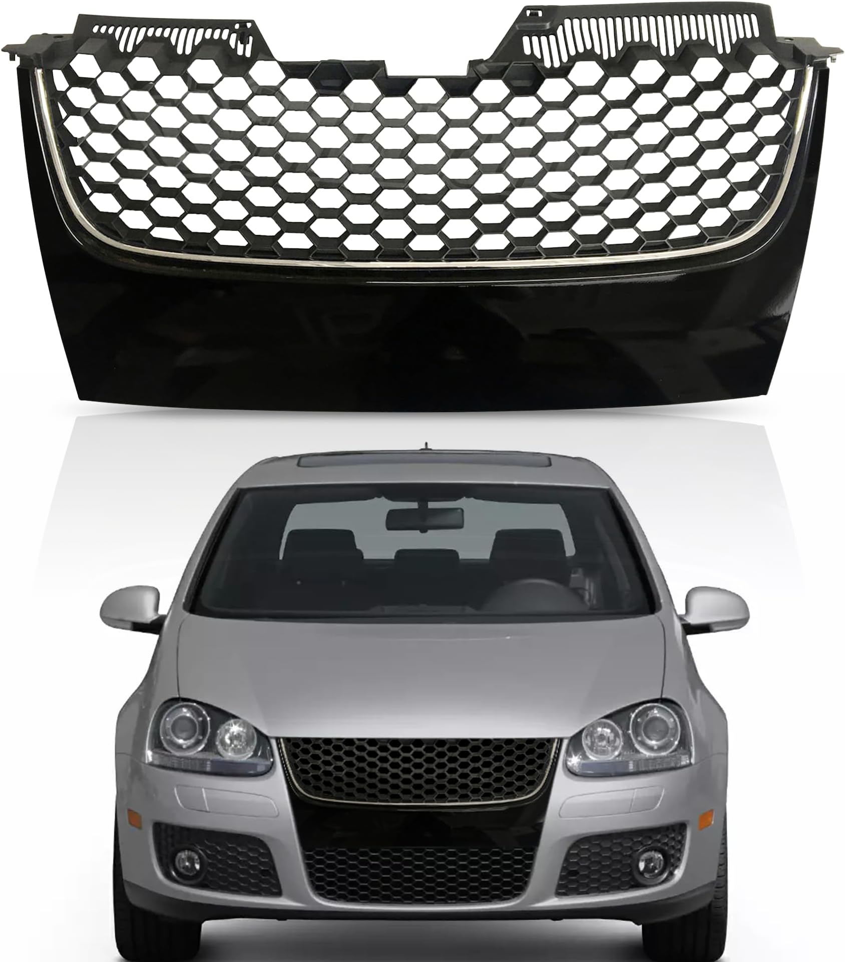 PartsFlow Badgeless Hex Mesh Grille Black W/Chrome Trim For 2006 2007 2008 2009 VW Volkswagen GTI GLI Jetta MK5