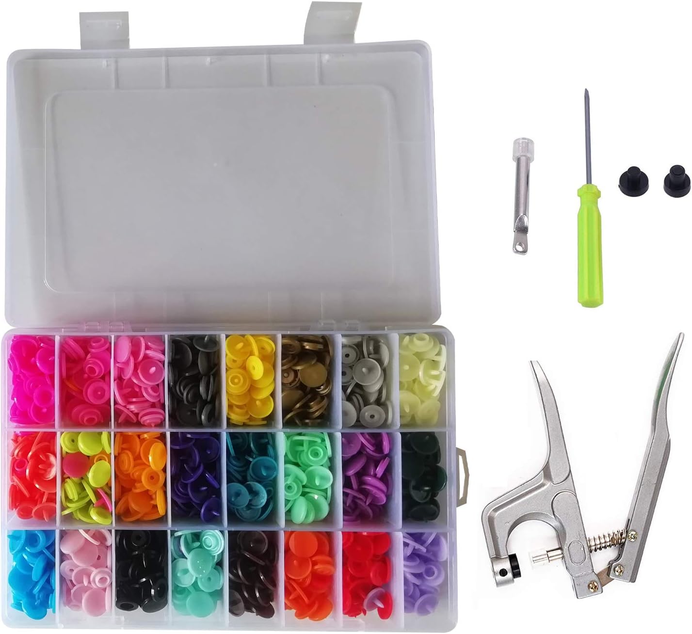 Trimming Shop 360 Sets Plastic Snaps Set with Snap Press Pliers, T3 No-Sew KAM Snap Starter Kit 24 Colors Poppers DIY Studs with Clear Storage Box for Woollen Clothing Kid Wear Fabrics Nappies Bibs