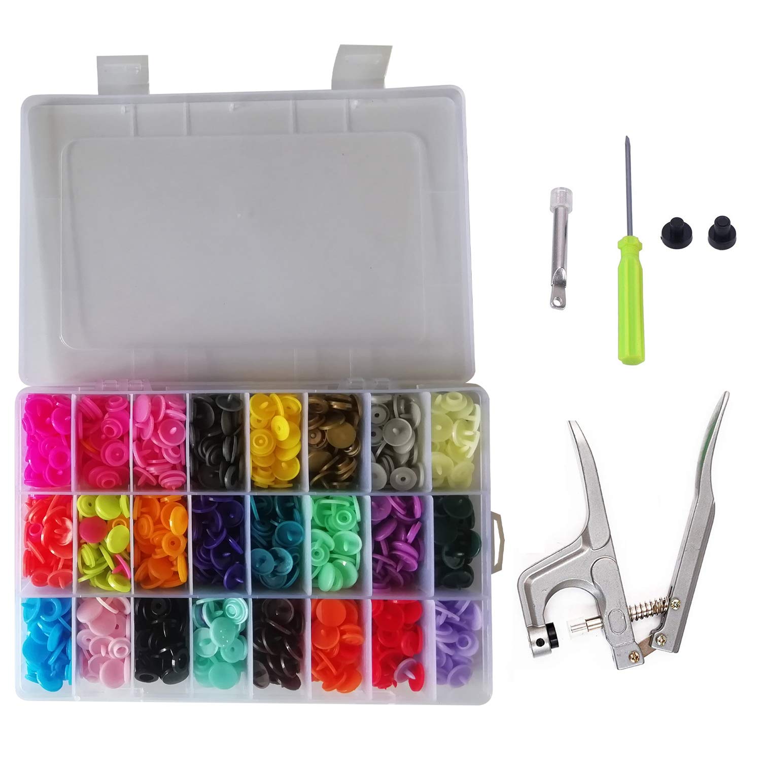 Trimming Shop 360 Sets Plastic Snaps Set with Snap Press Pliers, T3 No-Sew KAM Snap Starter Kit 24 Colors Poppers DIY Studs with Clear Storage Box for Woollen Clothing Kid Wear Fabrics Nappies Bibs