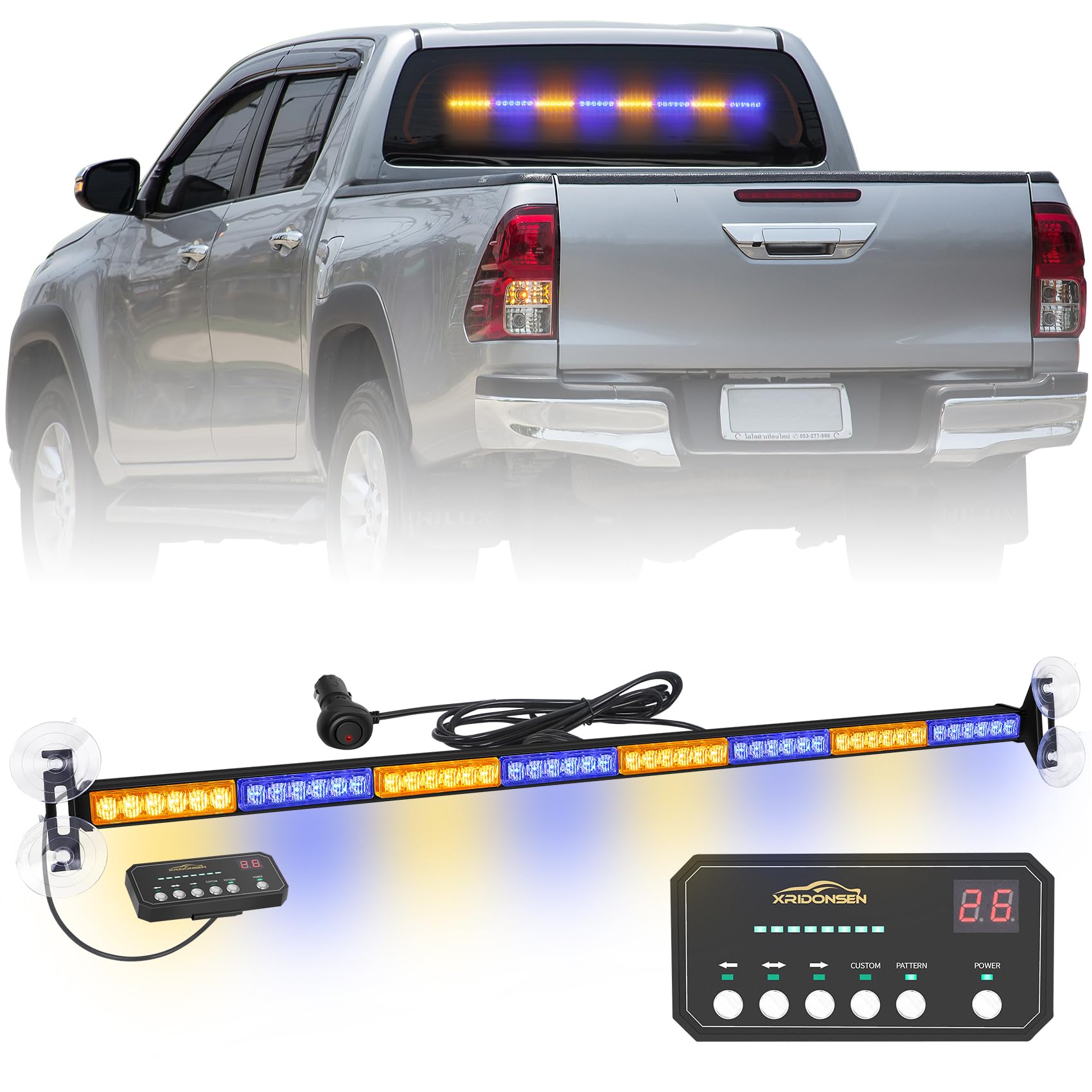 XRIDONSEN - Barra de luz azul ámbar de 35 pulgadas, 48 luces LED estroboscópicas de emergencia, luces de advertencia de seguridad, ventana delantera/trasera con controlador de pantalla para bomberos