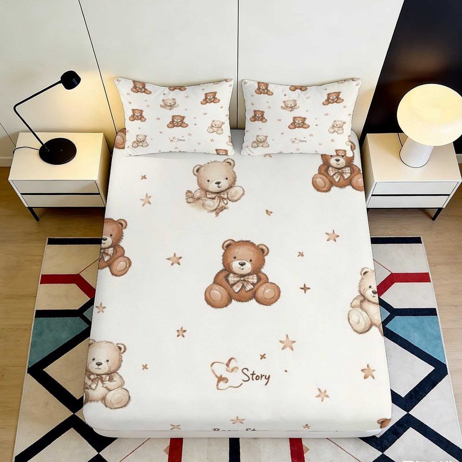 3D Printed Cute Teddy Bear Fitted Sheet Microfiber Soft Breathable Brown Cartoon Mattress Cover for Bedroom Dorm Decor 90x200x25cm