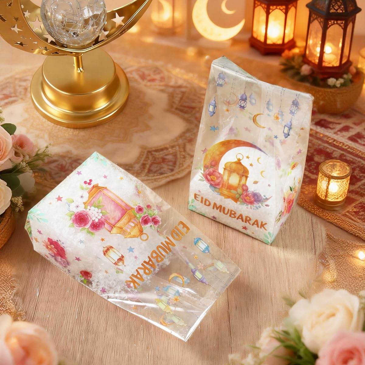 25 Pcs Eid Mubarak Baked Goods Bags, 2 Style Watercolor Moon Lantern Flower Print Clear Plastic Grocery Bags, Candy Cookie Bag for Muslim Ramadan Gift Party Favor Eid Decoration Supplies