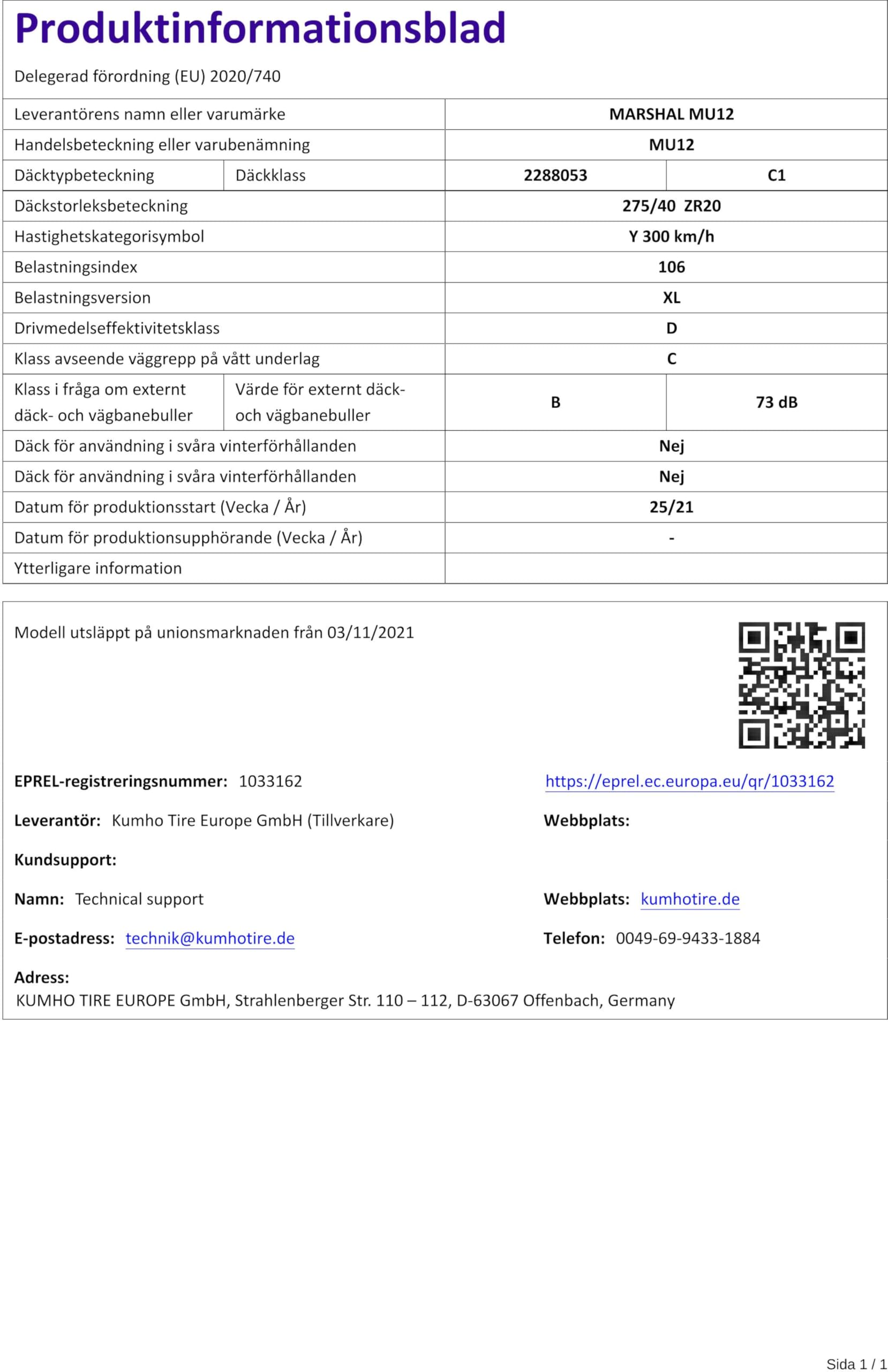 MARSHAL - 275/40 ZR20 TL 106Y MATRAC FX MU12 XL BSW – Pneumatici estivi
