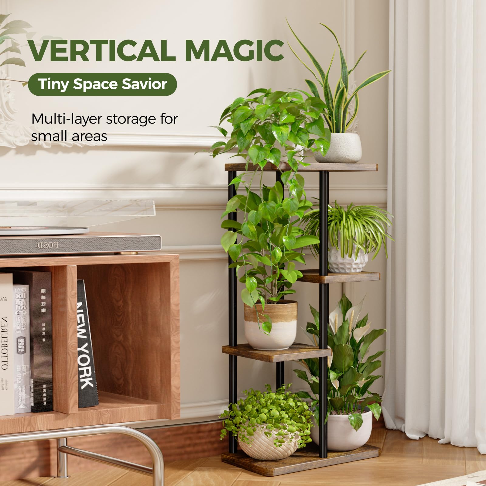 Bamworld Soporte para Plantas de Interior de 4 Niveles, Soportes Negros para Plantas Múltiples Plantas Pequeñas, Soporte de Esquina para Macetas para Patio