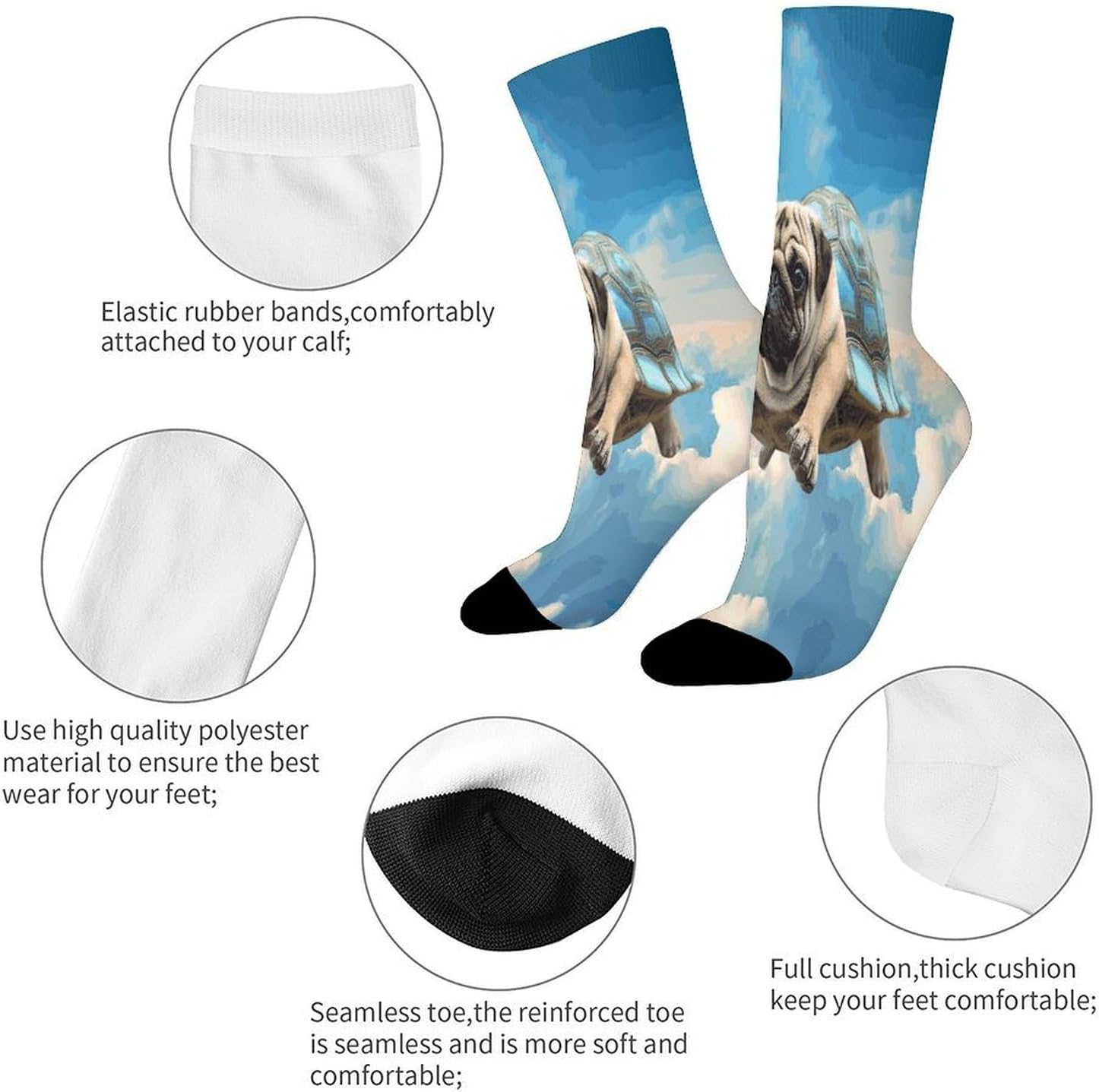 Funny Turtle Pug Dog in The Sky Crew Sock High Stocking Grippy Socks | Socks for Men & Women,Stockings-Long Thin Tube Sports, Breathable Soft Athletic for Nurses,Travel