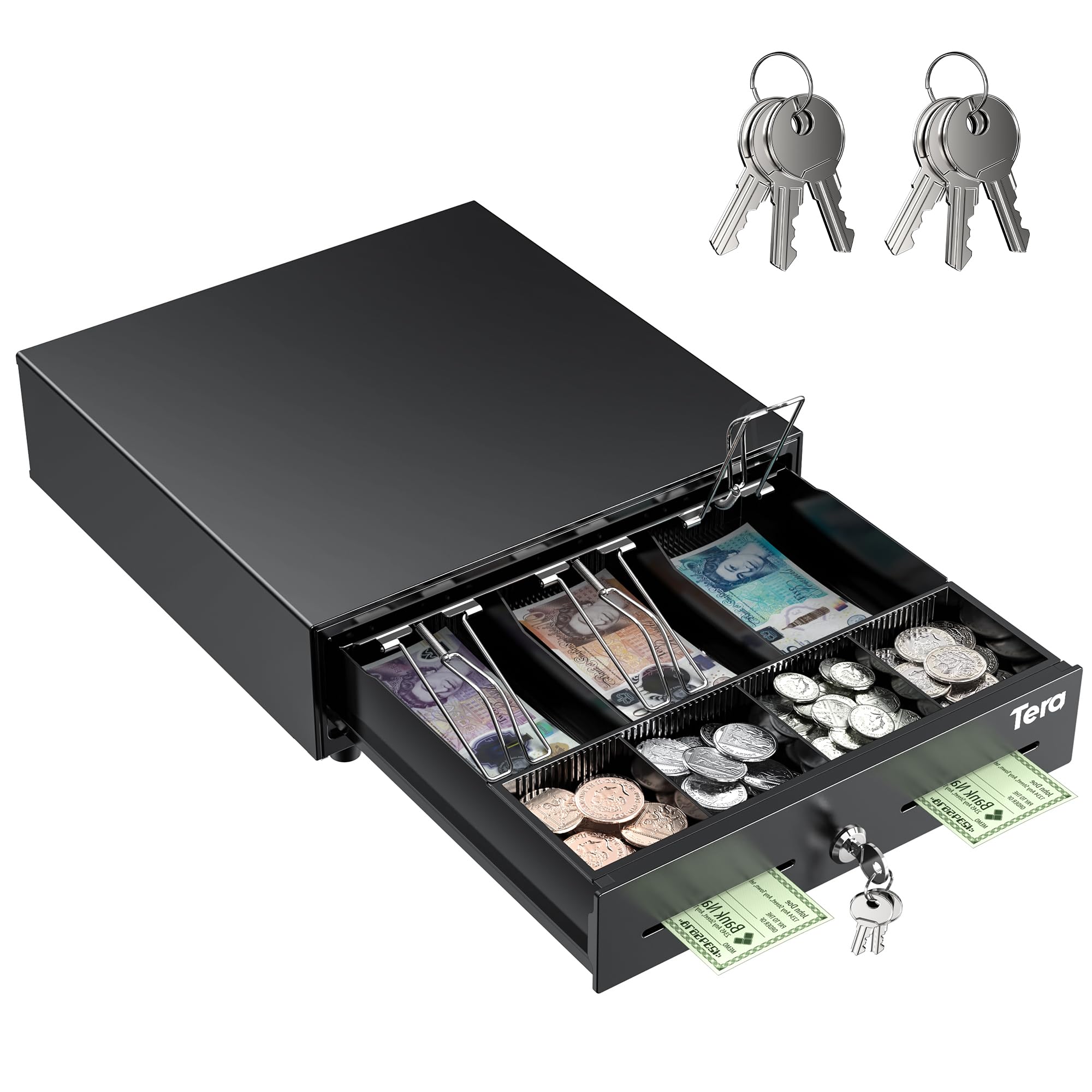 Tera Tiroir à monnaie robuste 33 cm : 3 billets 4 pièces de monnaie caisse enregistreuse 335 x 330 x 105 mm interface RJ12 12 V fente média système POS ouverture automatique manuelle avec serrure à 6