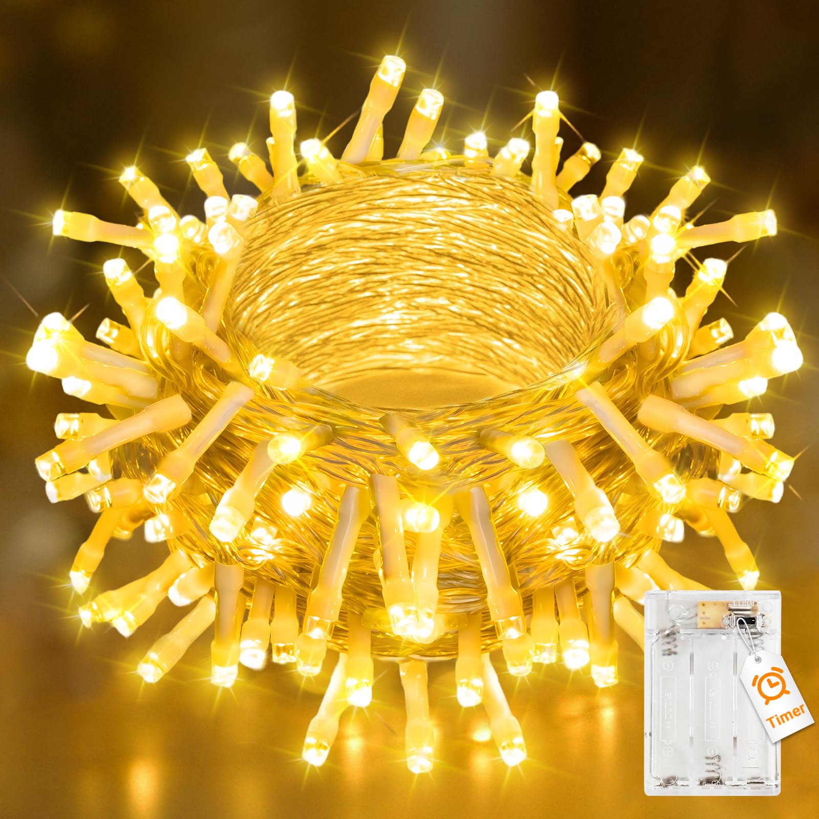 Peasur Fairy Lights Battery Operated with Timer, 10M 100 LED String Lights Indoor/Outdoor, 2 Modes Christmas Twinkle Lighting for Bedroom Wedding Party Decorations, Warm White