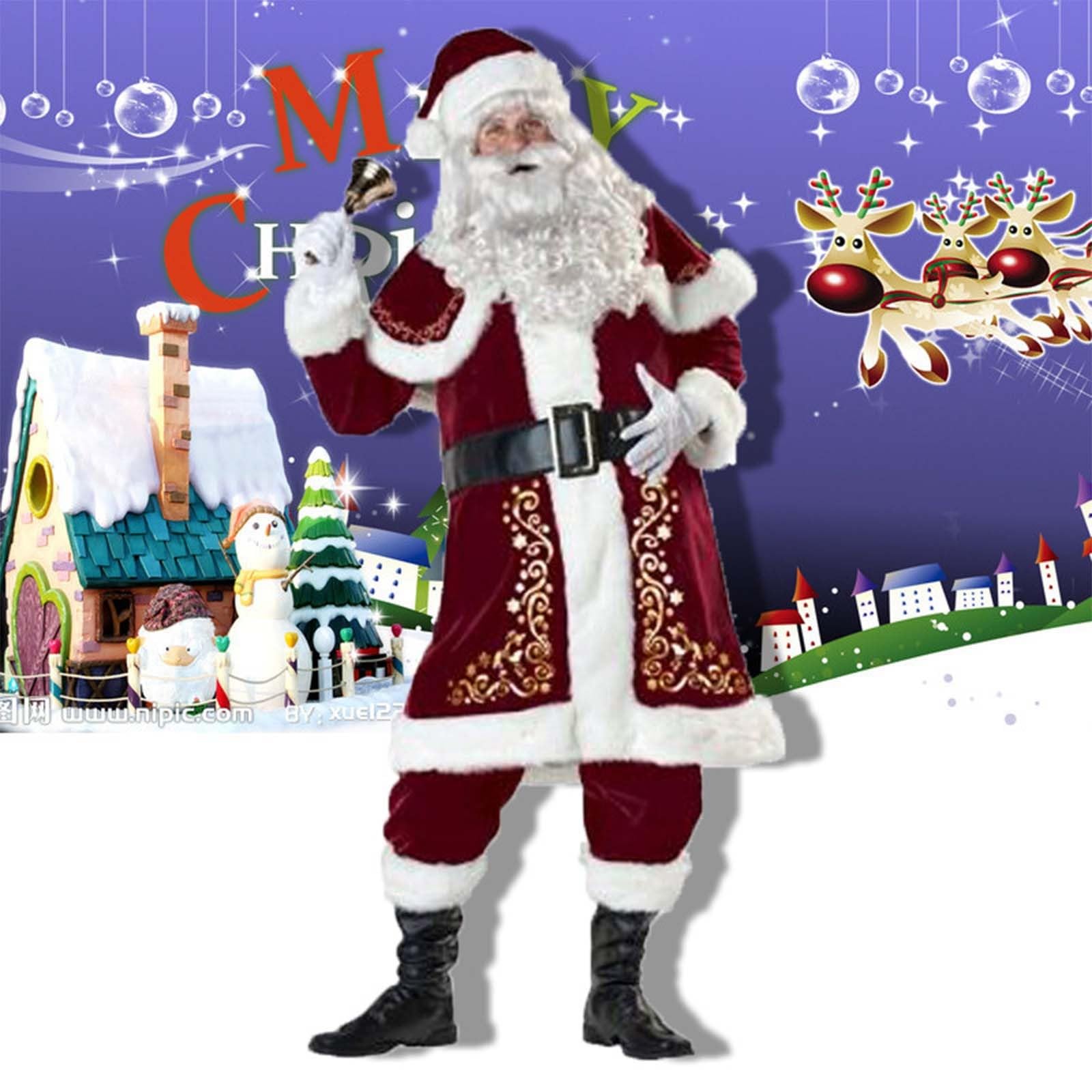 12pcs Costume de père noël Ensemble de noël Grande Taille Costume de père noël en Velours de Luxe pour Hommes Adultes Adolescent Tenue de Père Noël