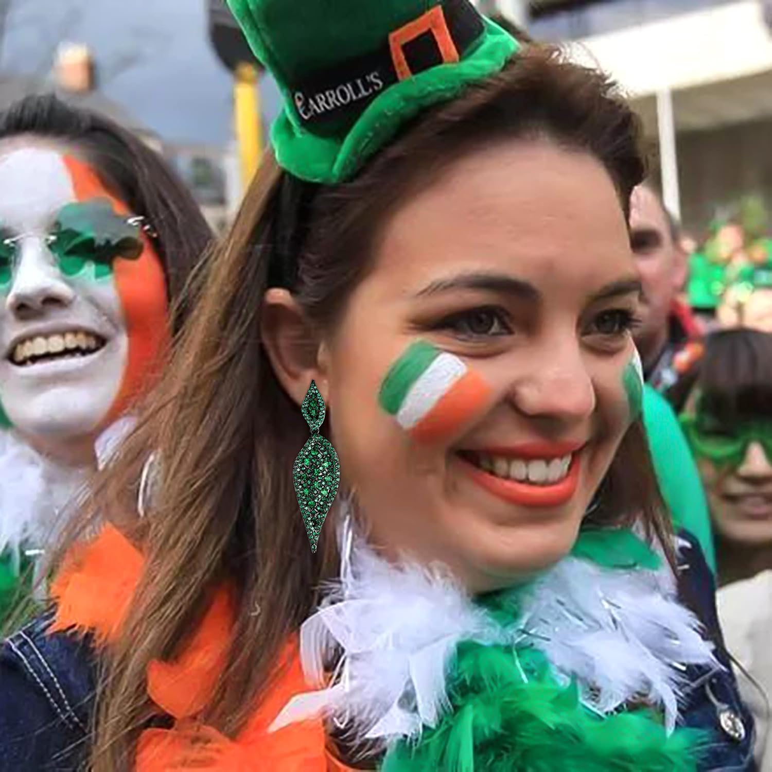 EVER FAITH 2 Leaf Round Full Crystal Art Deco Bridal Pierced Dangle Chandelier Earrings for Women - Image 6