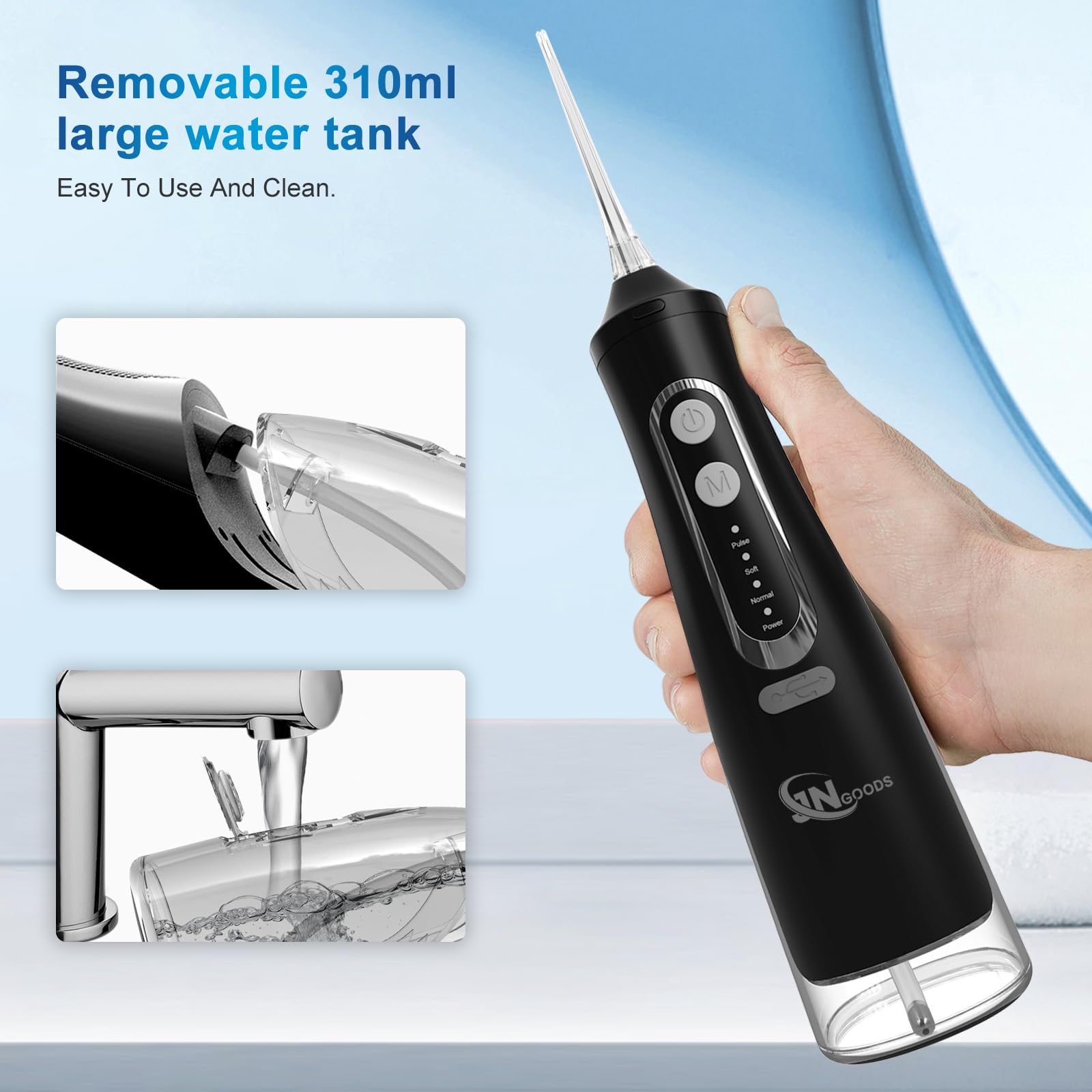 Idropulsore dentale senza fili, irrigatore orale, 310 ml, ricaricabile, per denti, IPX7, impermeabile, 4 modalità, irrigatore portatile con 4 punte a getto, per viaggi e uso domestico (nero)