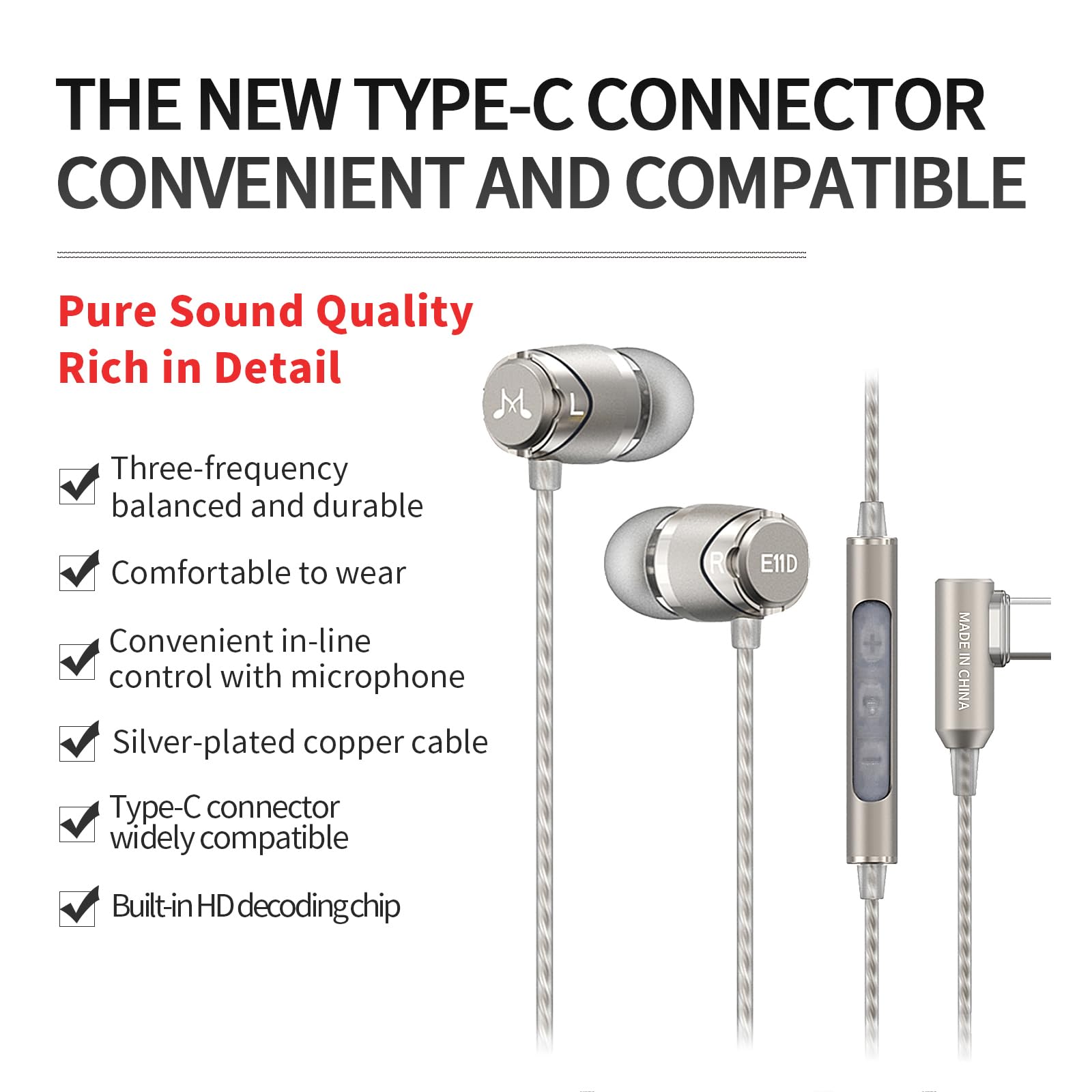 SoundMAGIC E11D In Ear Isolating USB-C Earphones with Mic, Black