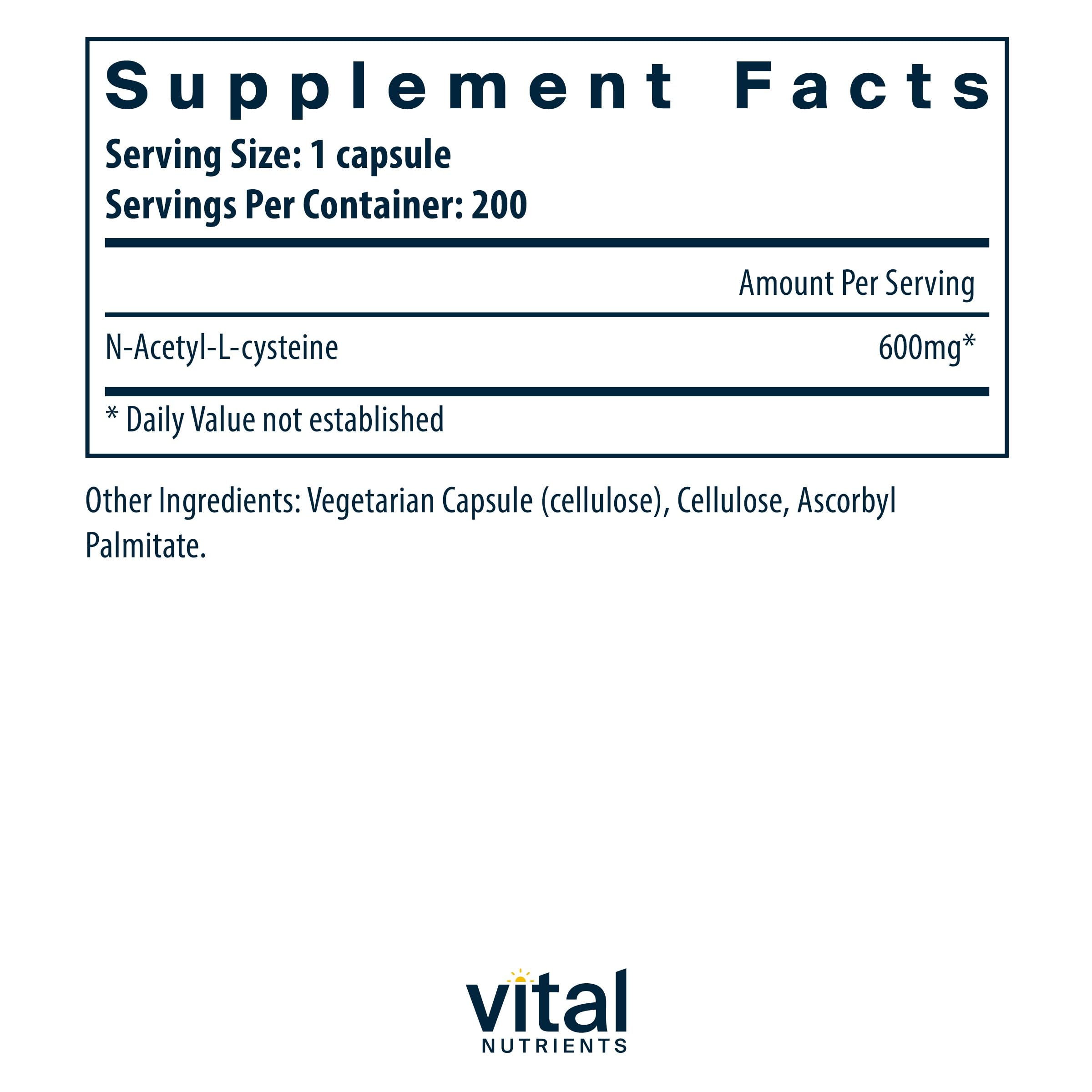 Vital Nutrients NAC 600mg | N-Acetyl Cysteine | Vegan NAC Supplement | Antioxidant for Sinus, Liver, Immune, and Respiratory Health* | Gluten, Dairy, Soy Free | 200 Capsules